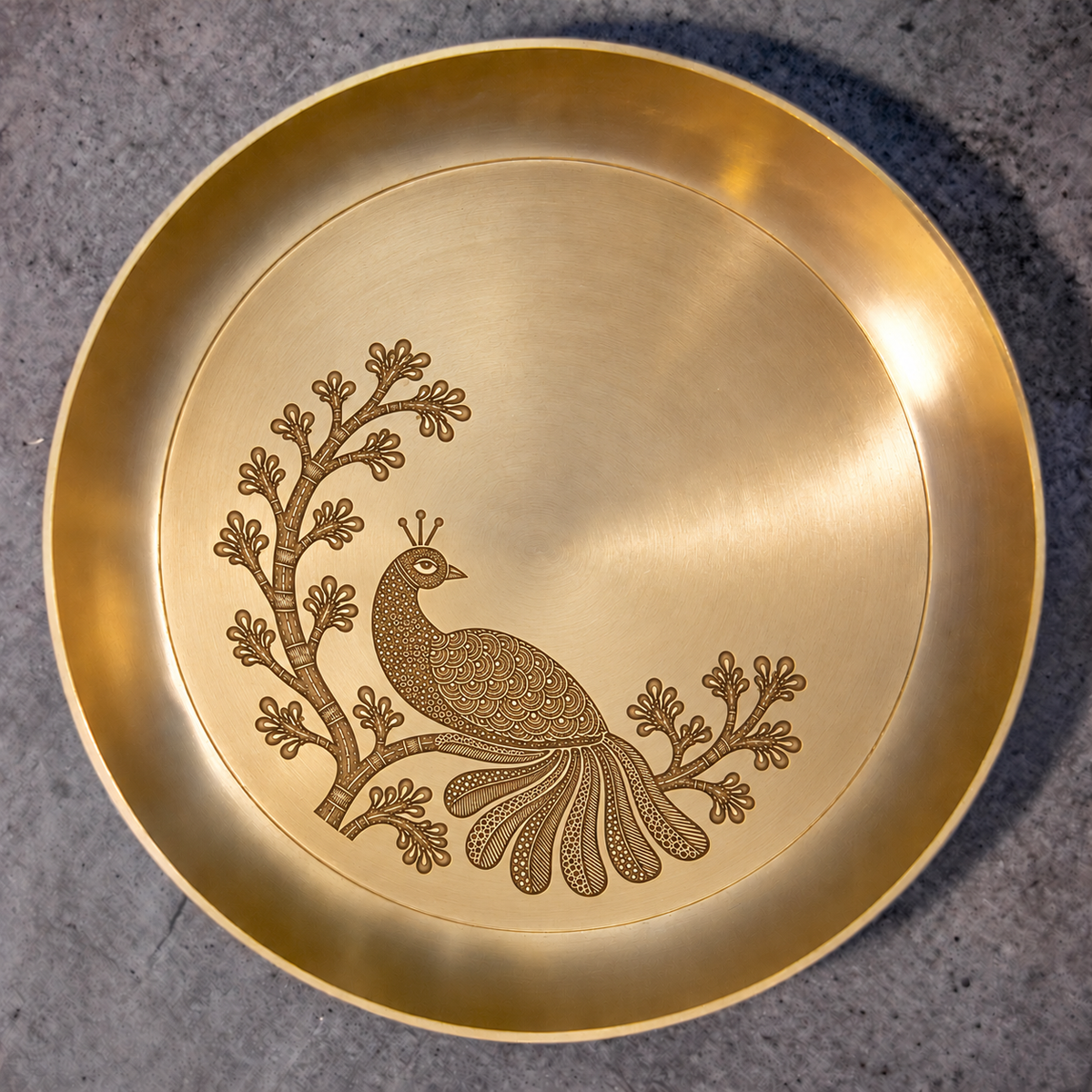 Ambi Mayur Pallav Etched Pure Kansa Thali | Gond-Inspired Collection-8 inch