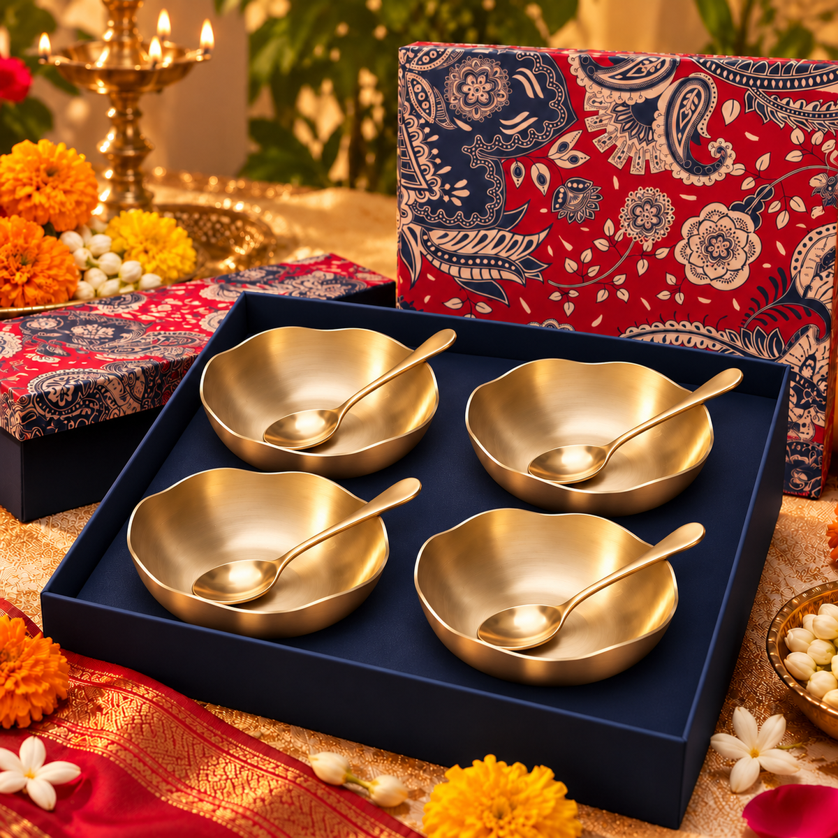 Ambi 100% Pure Kansa Fluted Edge Plate & Spoon Set of 4 5.5 inch
