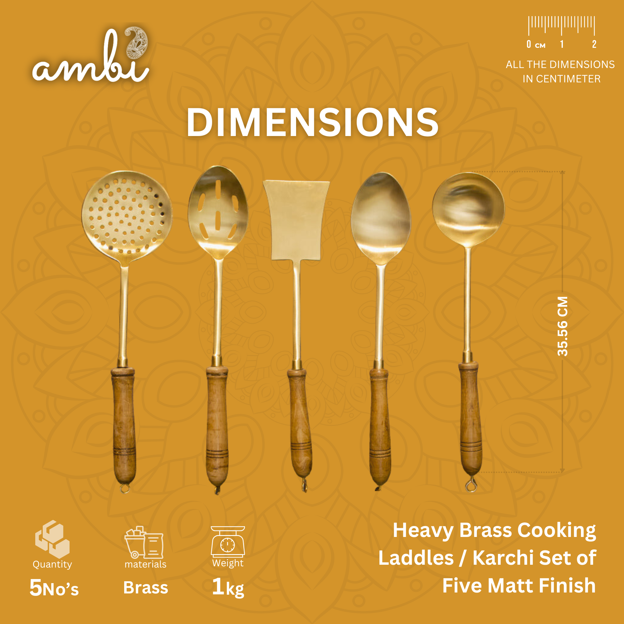 Heavy Brass Cooking Ladles / Karchi - Set of Five - Matt Finish