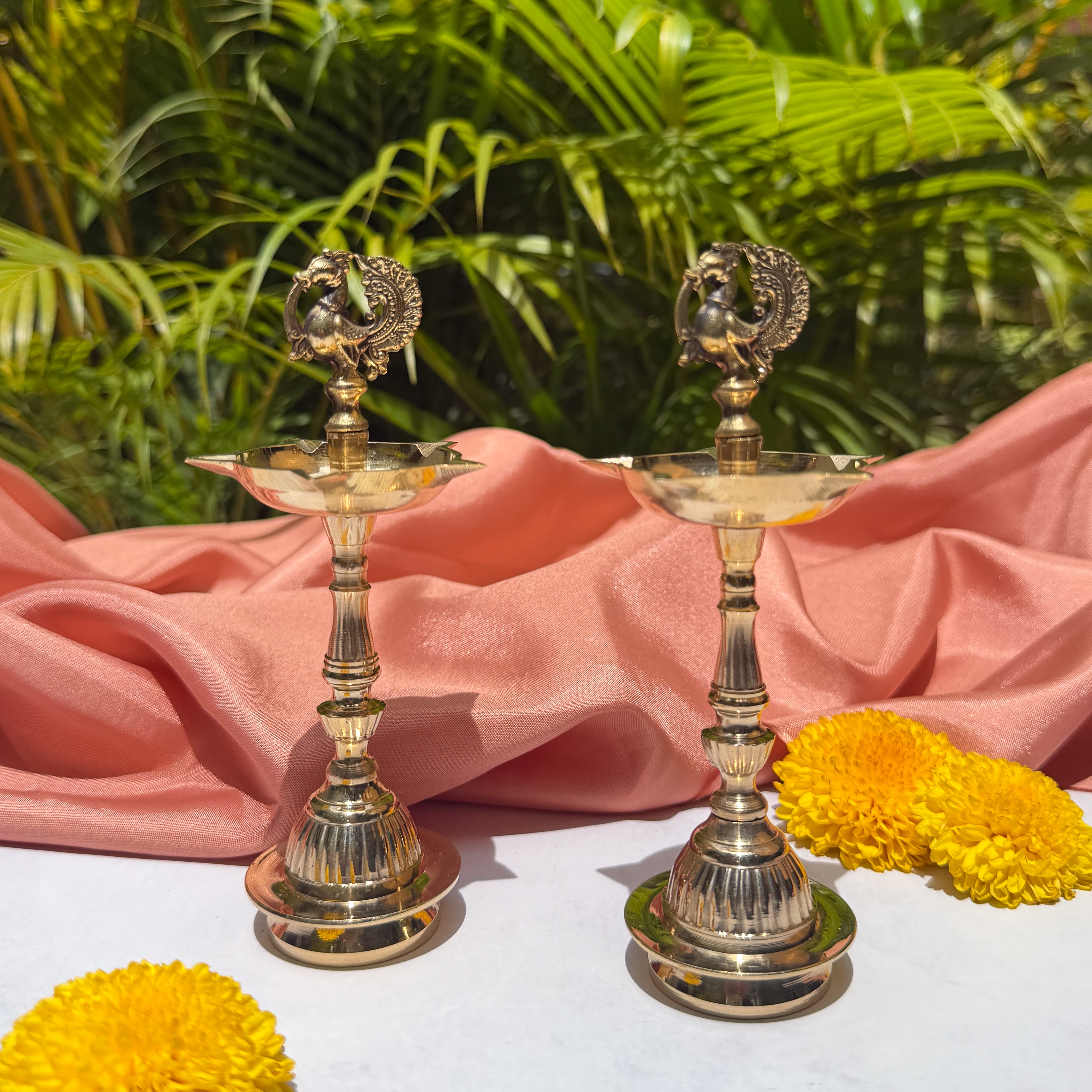 Ambi 100% Pure Brass Peacock Pooja Deepam / Deepak – 5 Baati | Traditional Peacock Oil Lamp | Set of 2
