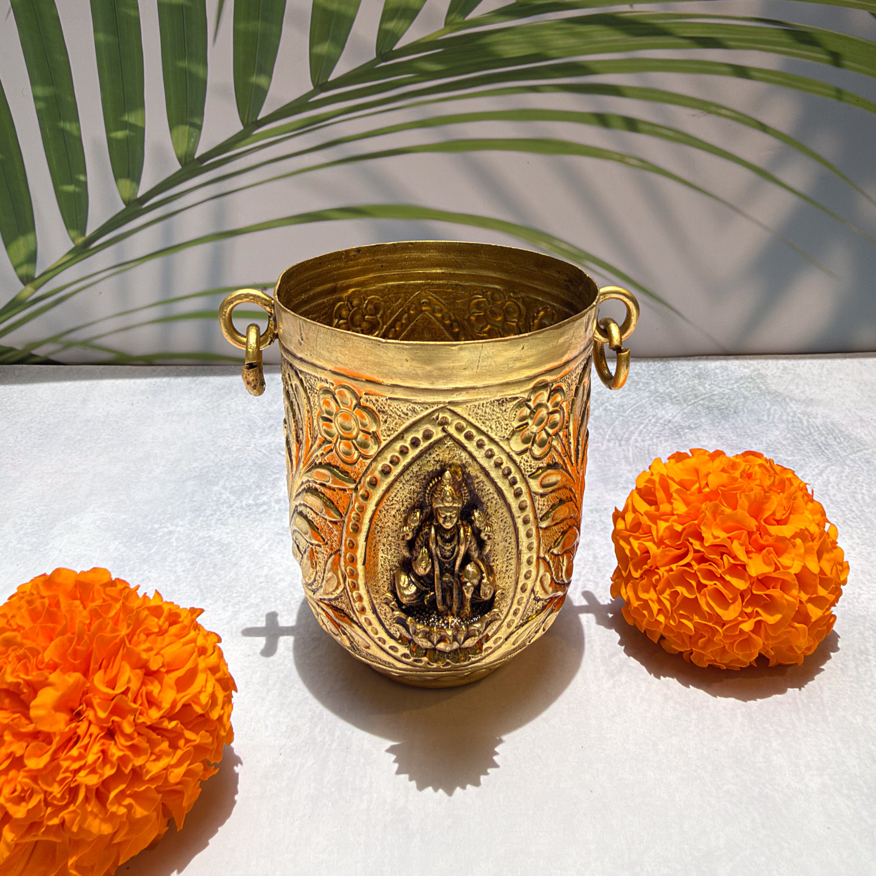 Ambi Pure Brass Pooja Bucket | Goddess Veer Lakshmi Brass Lota with Side Rings | 3 Inch - Height