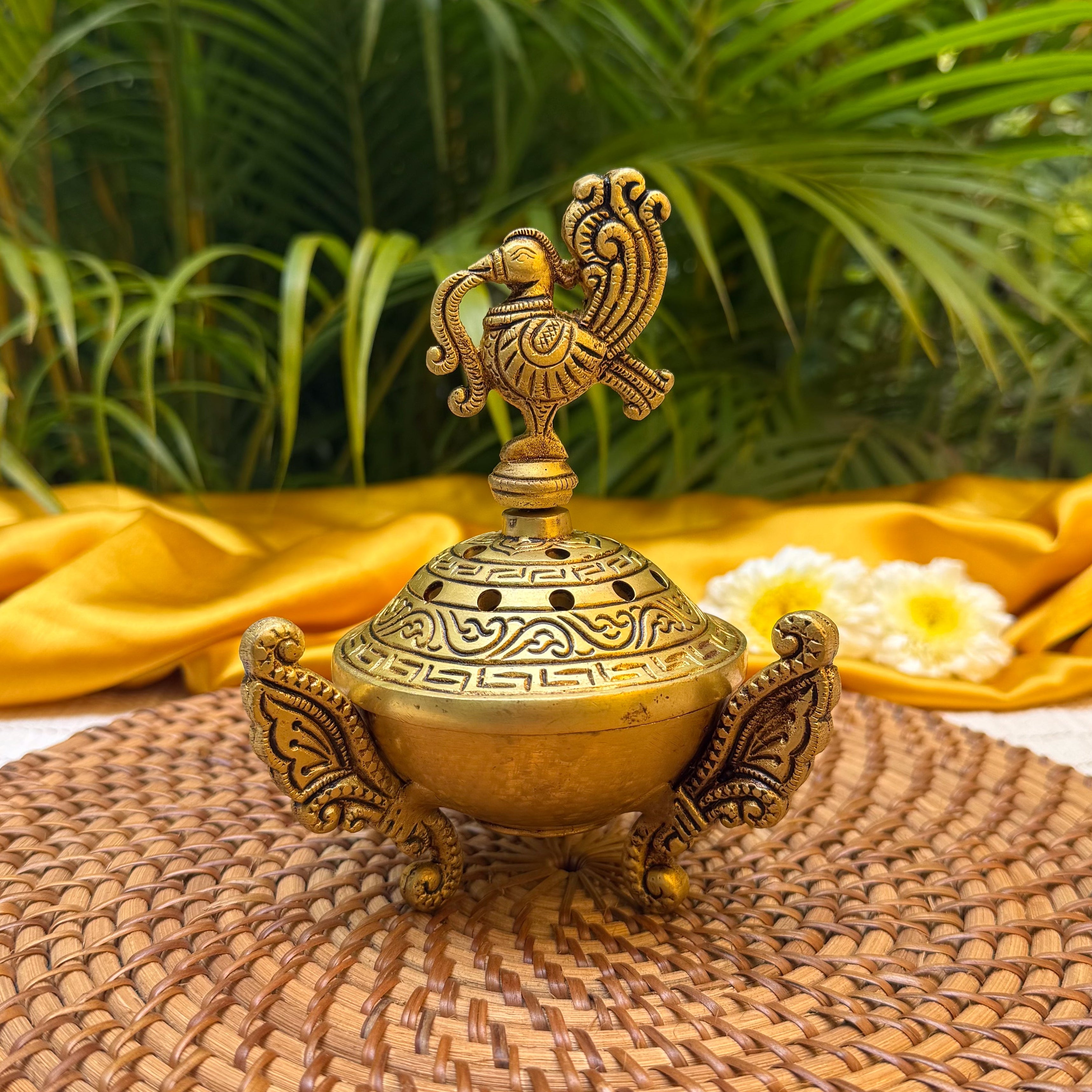 Ambi Brass Peacock Lid Dhuni | Traditional Dhoop Dani with Peacock Design | Decorative Brass Incense Burner for Pooja, Havan & Home