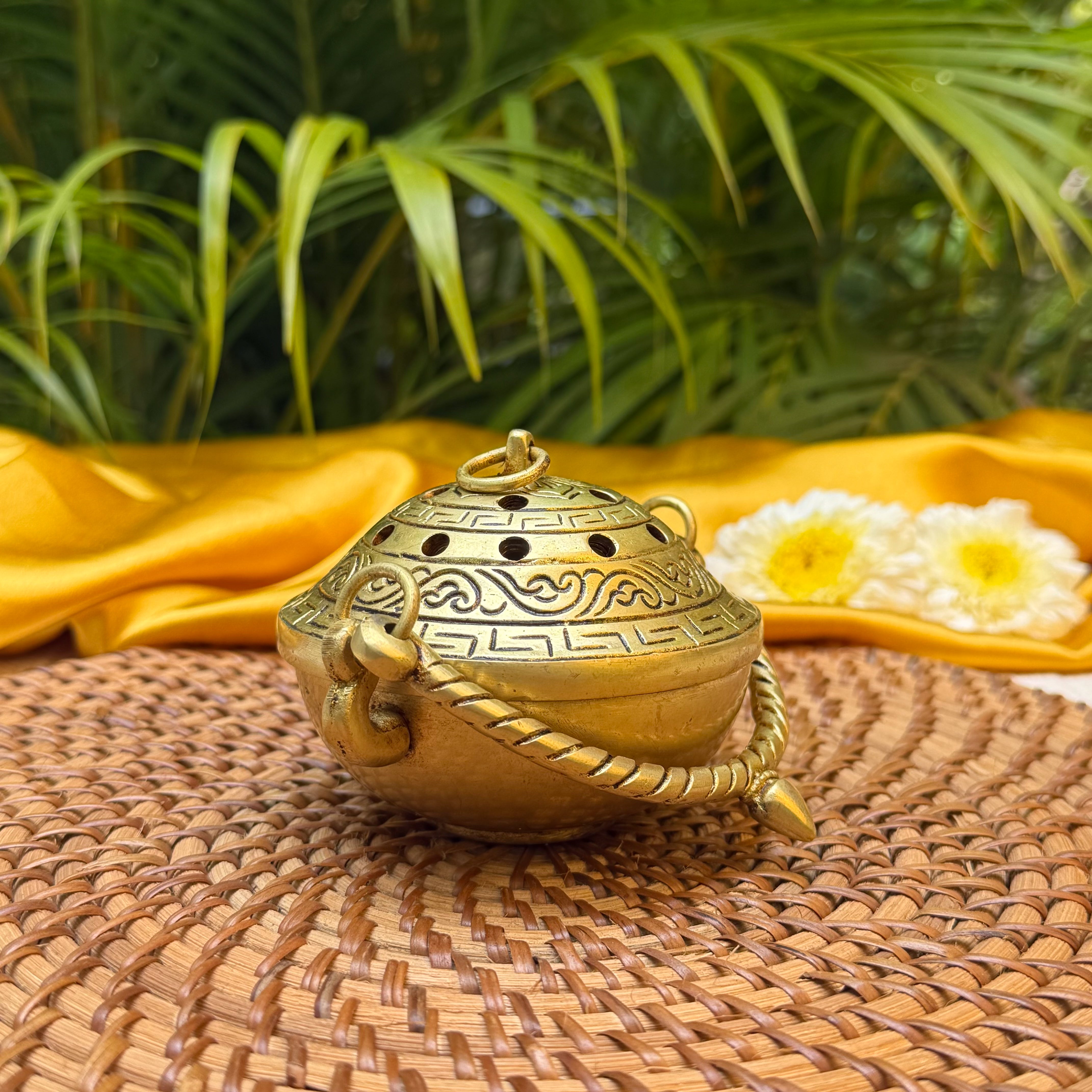 Ambi Brass Dhuni with Handle | Traditional Dhoop Dani with Perforated Lid | Decorative Brass Incense Burner for Pooja, Havan & Home Fragrance