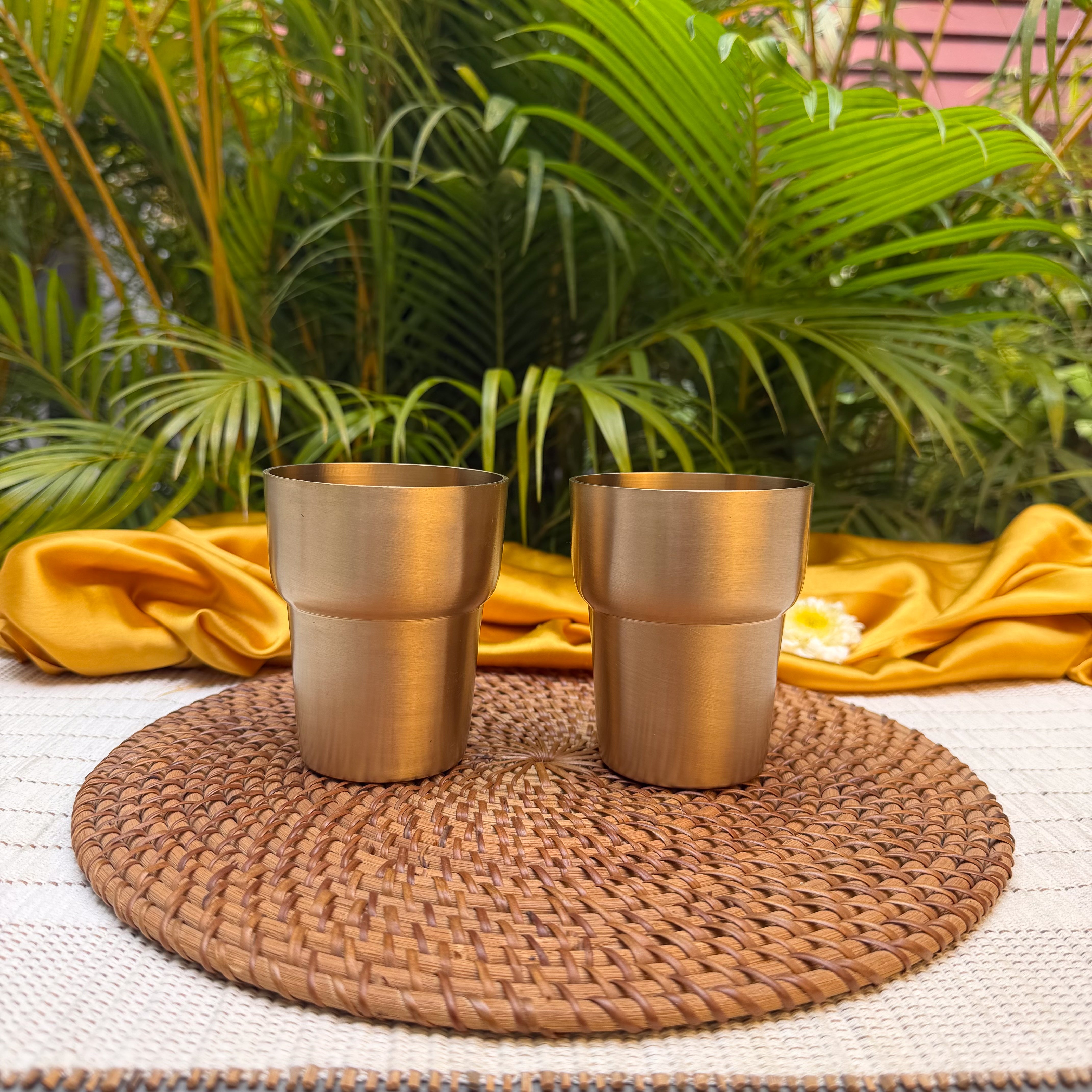 Ambi Pure Brass Designer Modern Glass Gift Set – Set of 2, 300 ML Each, Heavy Make, Premium Brass Drinking Glasses with Elegant Designer Gift Box