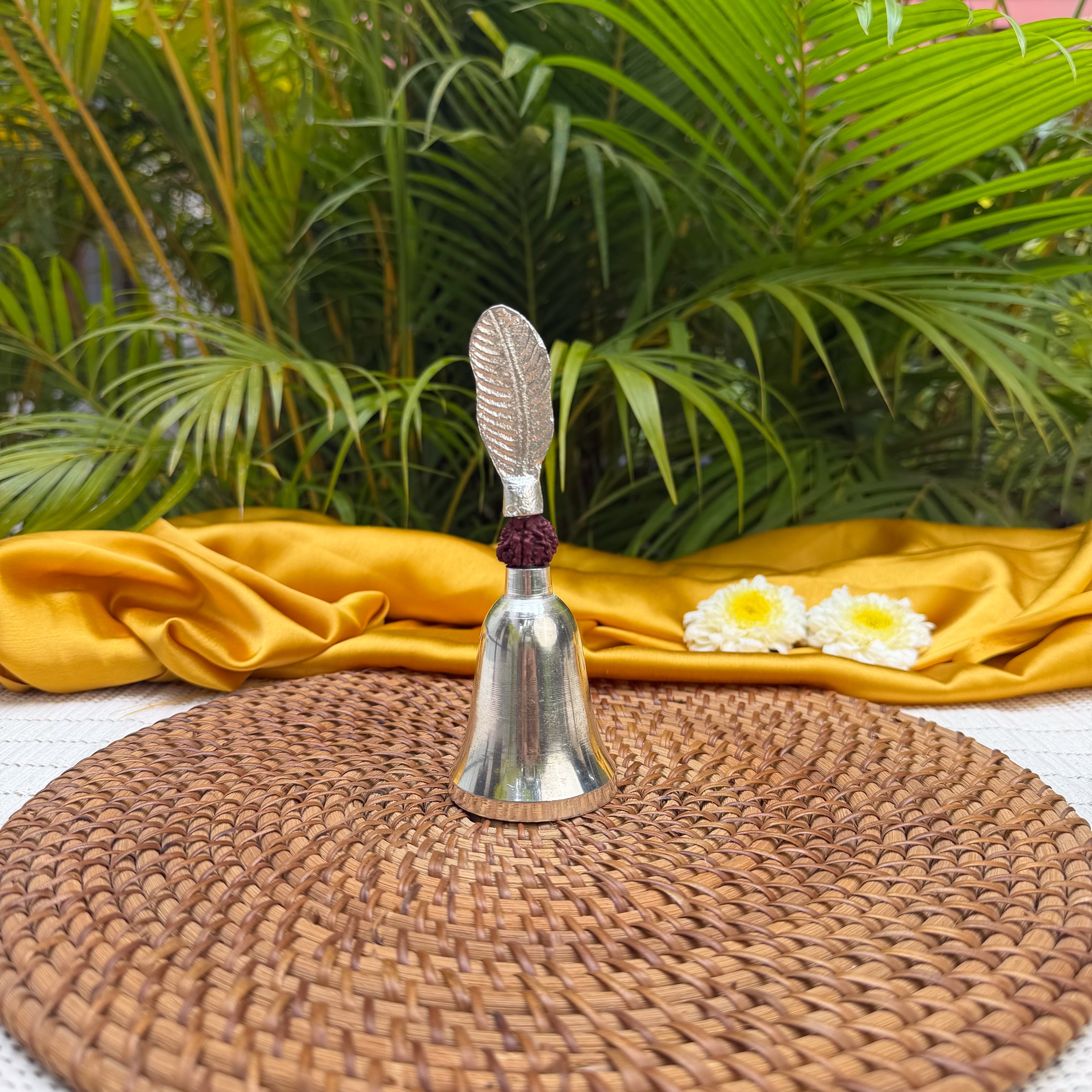 Ambi Silver Finish Rudraksha Bell & Aarti Diya Set | Traditional Pooja Bell with Aarti Lamp | Decorative Puja Set for Home Temple & Rituals