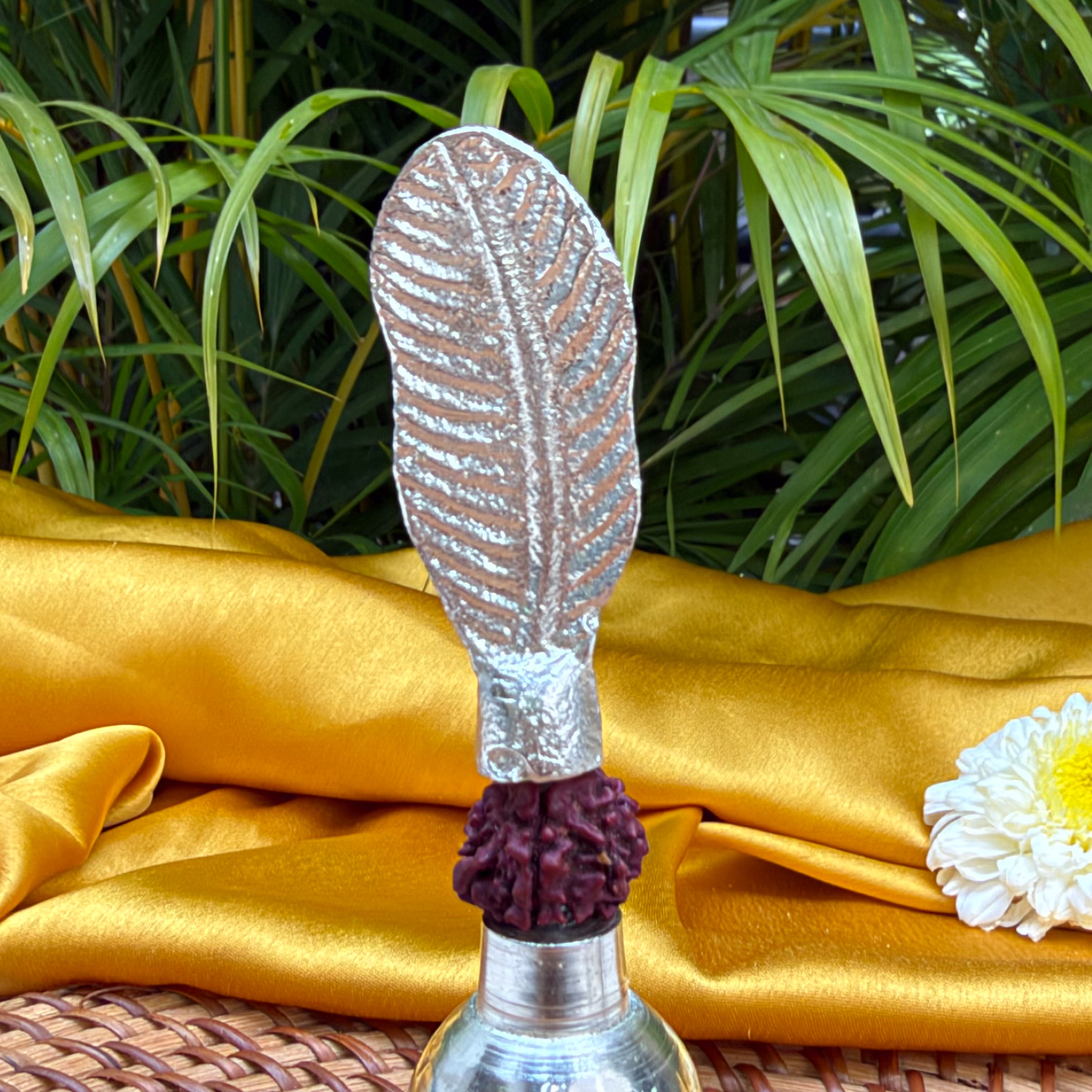 Ambi Silver Finish Rudraksha Bell & Aarti Diya Set | Traditional Pooja Bell with Aarti Lamp | Decorative Puja Set for Home Temple & Rituals