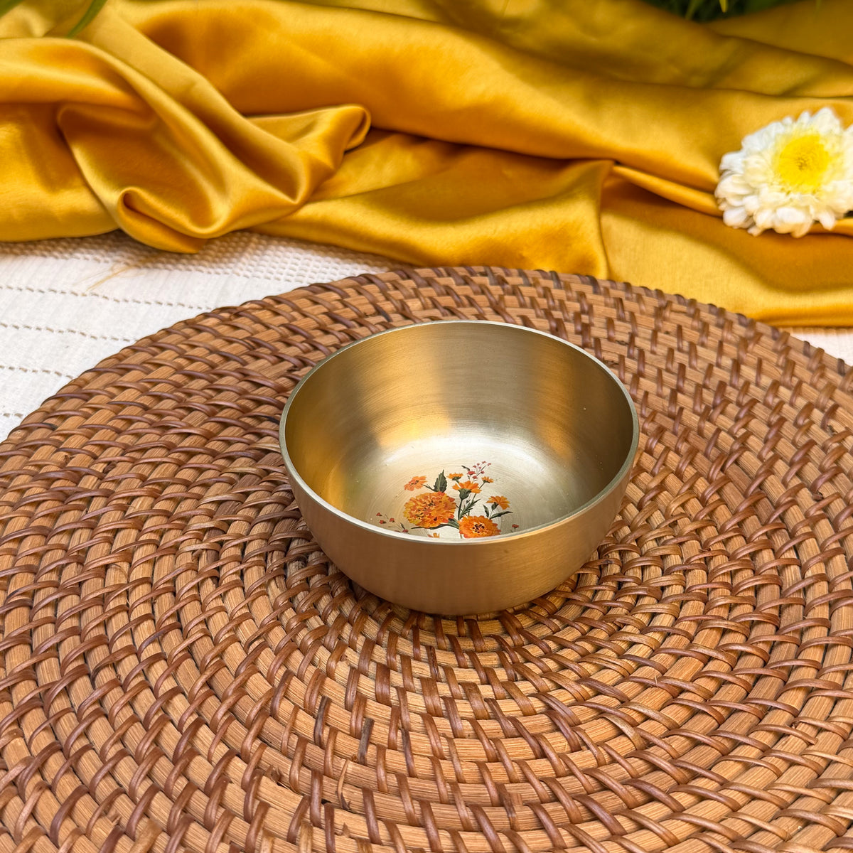 AMBI 100% Pure Kansa Small Marigold Hand Painted Finish Small Bowl - 3.5 Inch - 180 ML