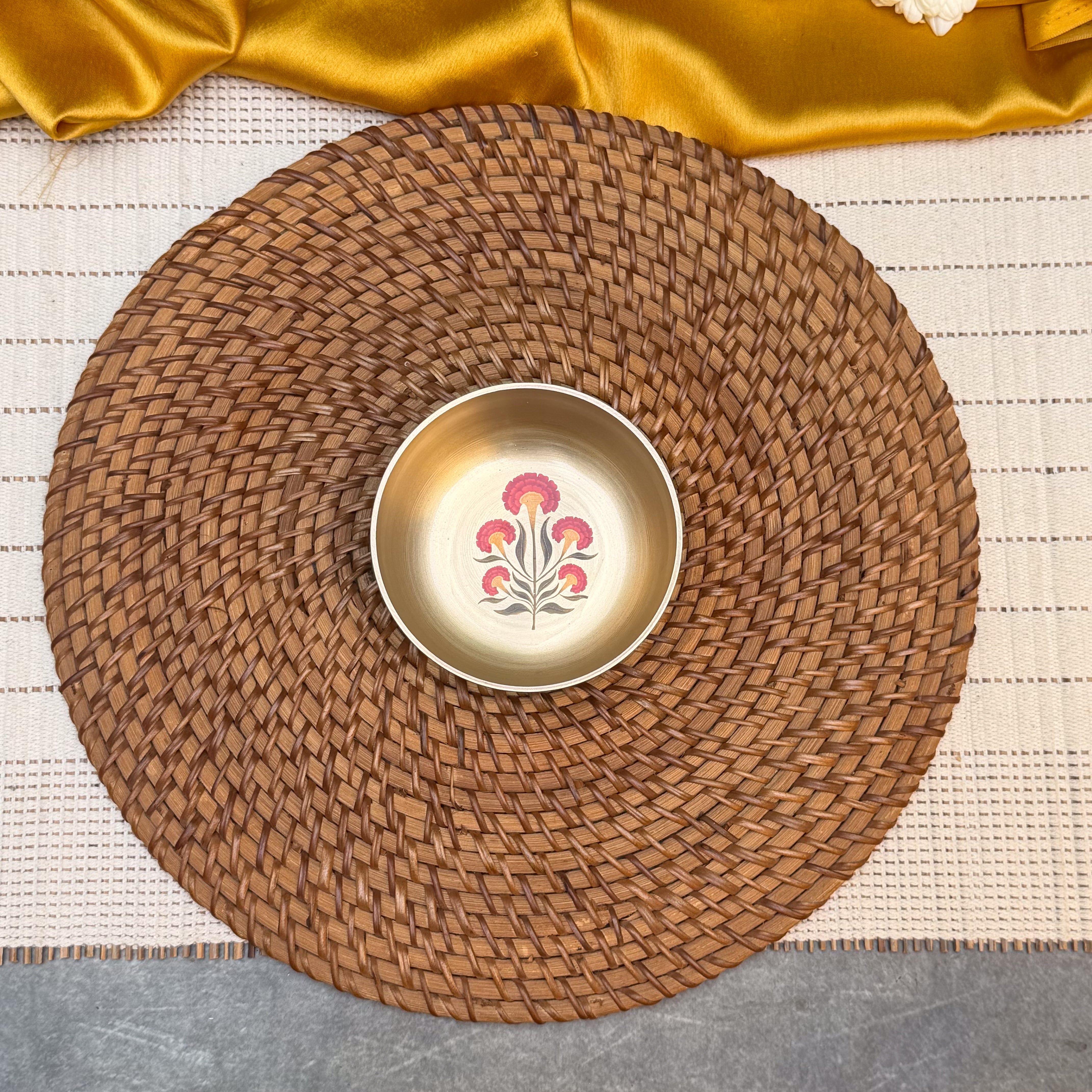 AMBI 100% Pure Kansa Floral Hand Painted Finish Small Bowl - 3.5 Inch - 180 ML