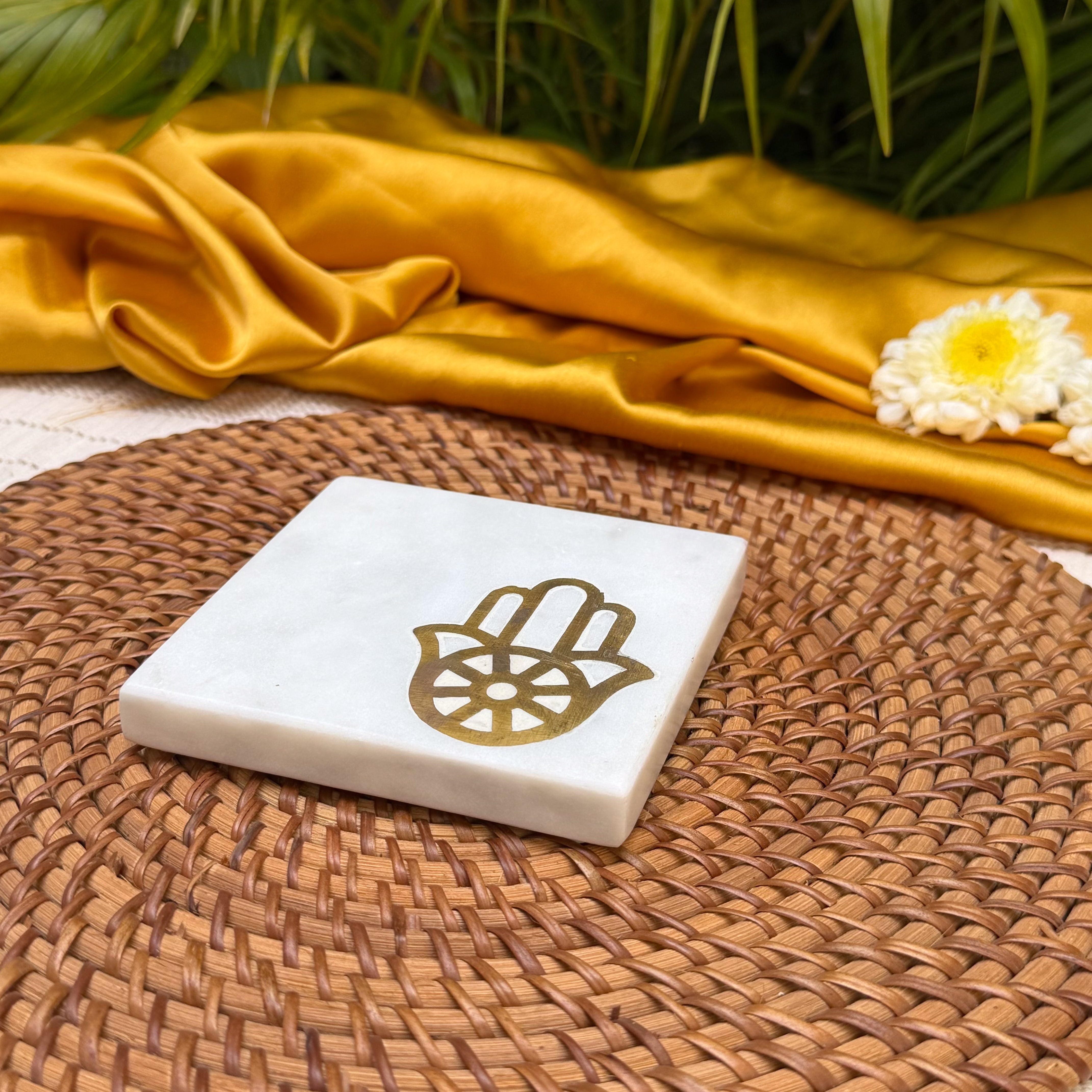 Ambi Hamsa Hand Marble Coaster Set of 2 | Elegant White Marble Drink Coasters with Brass Hamsa Design | Table Decor & Gifting