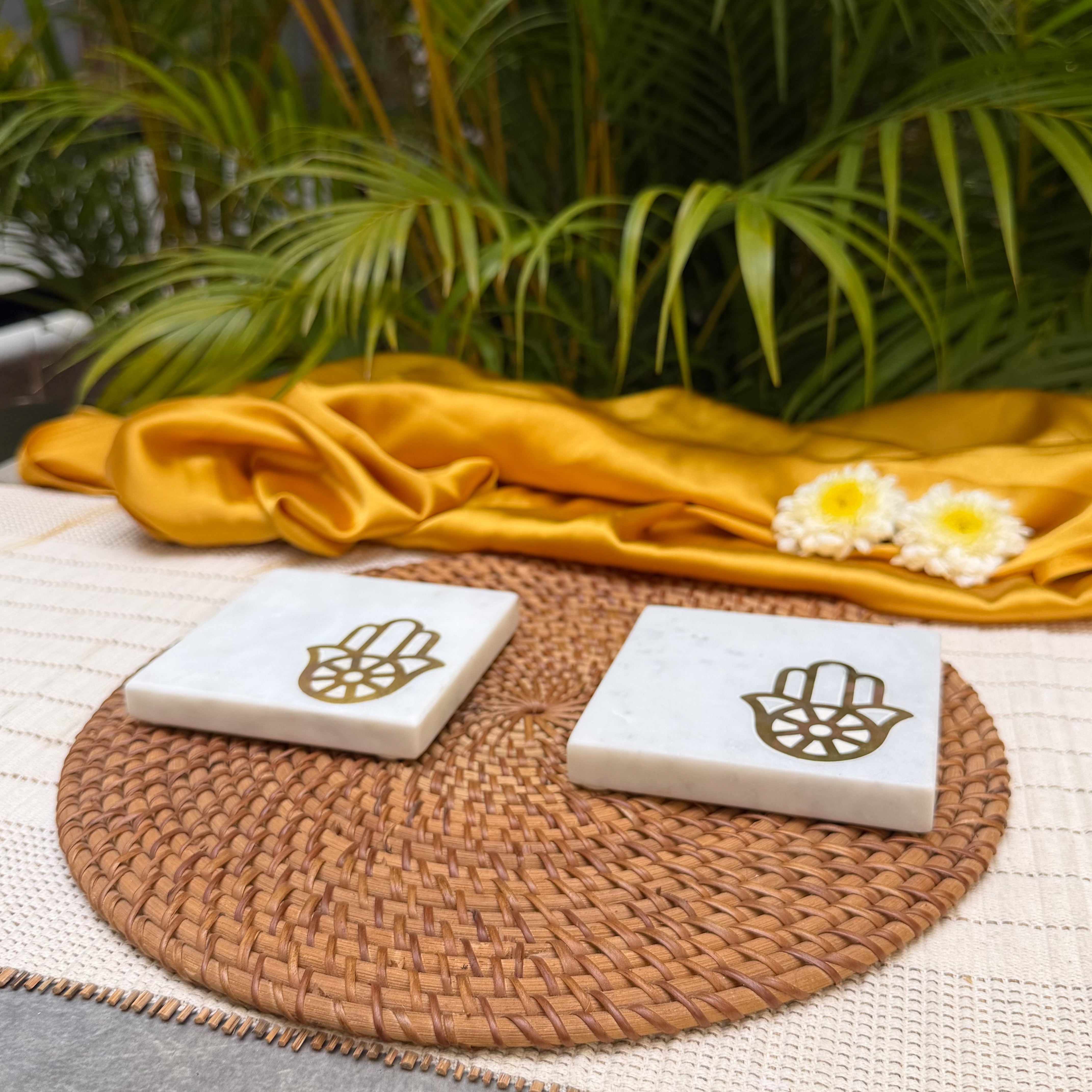Ambi Hamsa Hand Marble Coaster Set of 2 | Elegant White Marble Drink Coasters with Brass Hamsa Design | Table Decor & Gifting