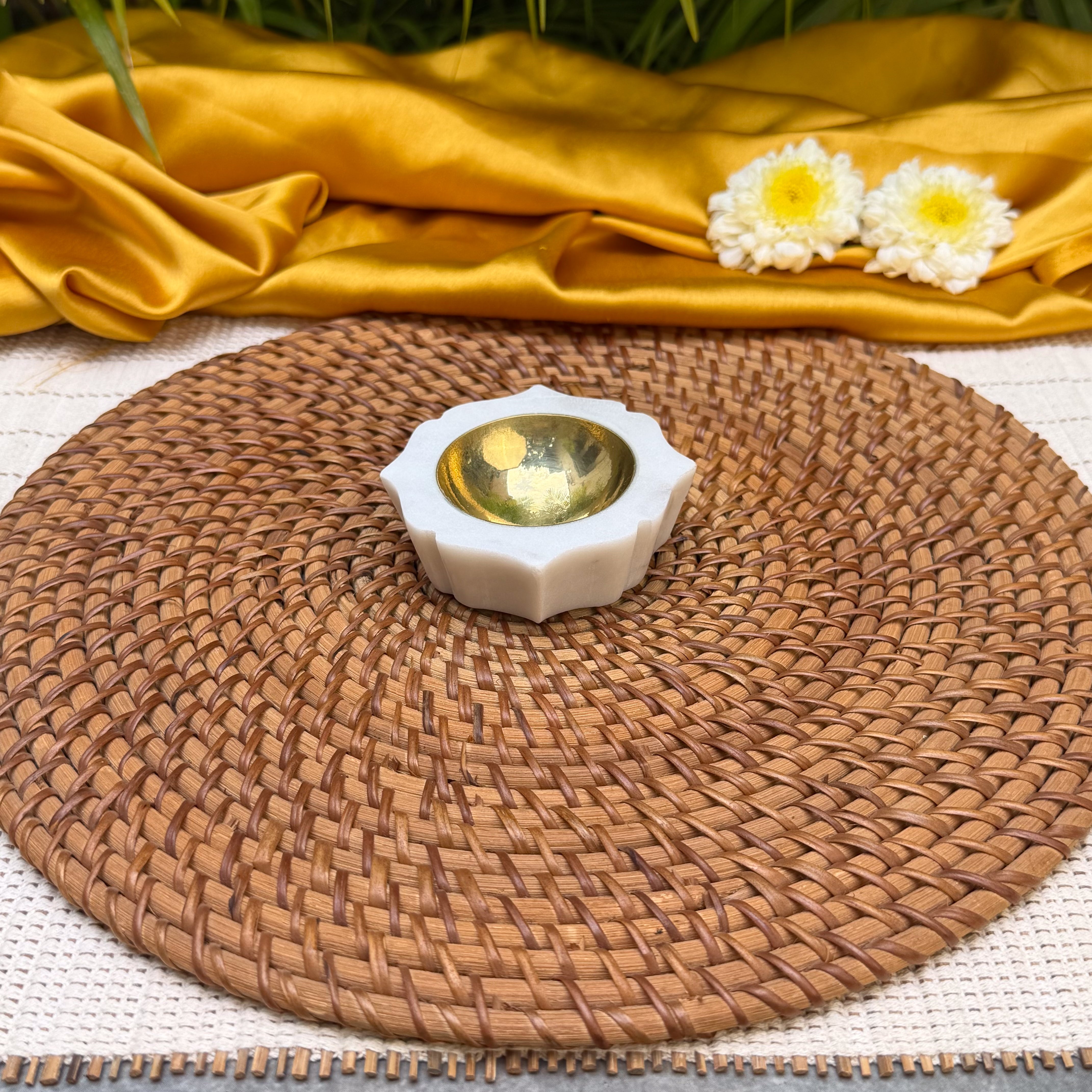 Ambi Brass & Marble Diya – Small | Elegant Traditional Oil Lamp for Pooja, Festive Decor & Gifting