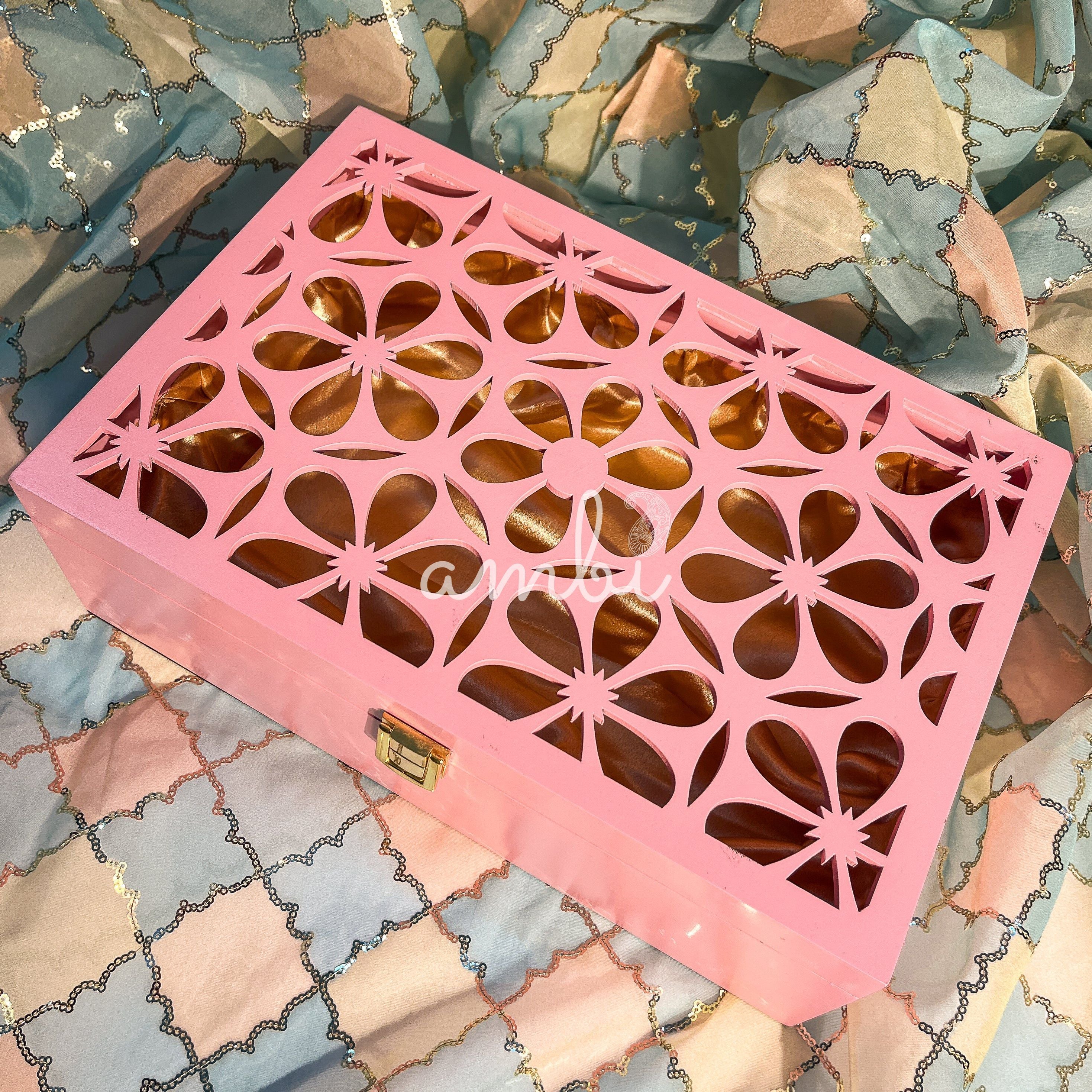 AMBI Premium Floral Jaali Wooden Gift Box with Brass Dessert Bowl (with spoon) - Set of 2