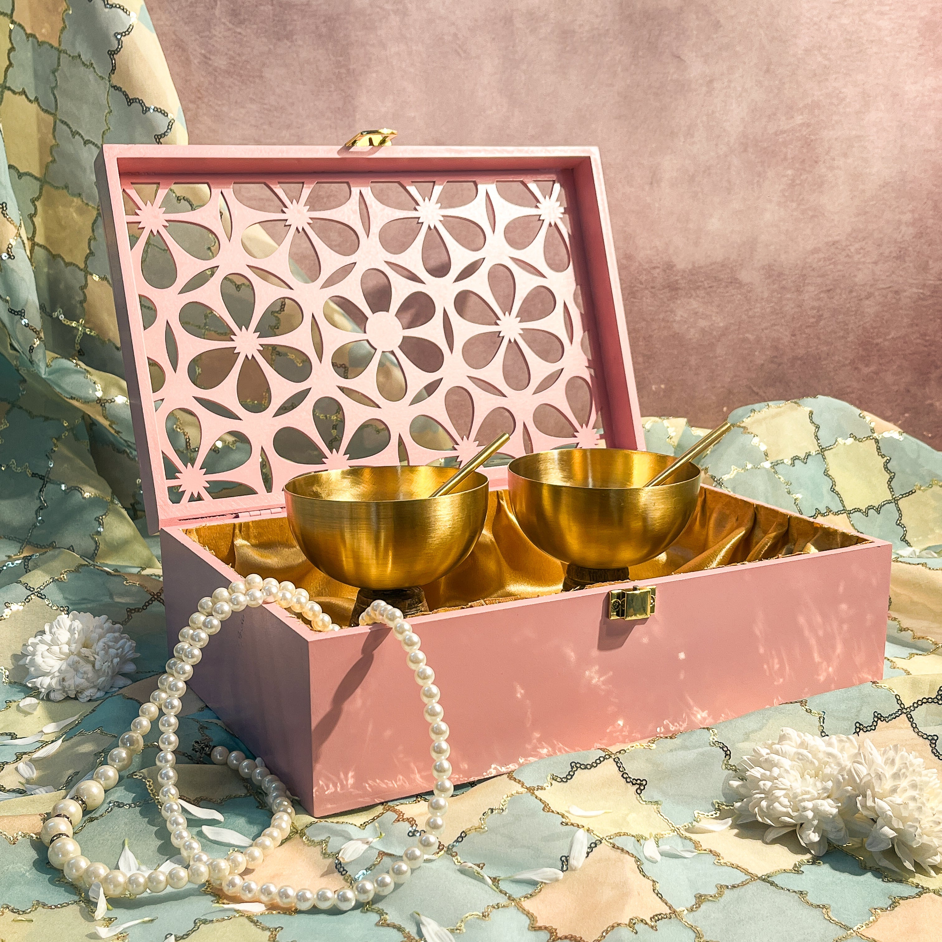 AMBI Premium Floral Jaali Wooden Gift Box with Brass Dessert Bowl (with spoon) - Set of 2