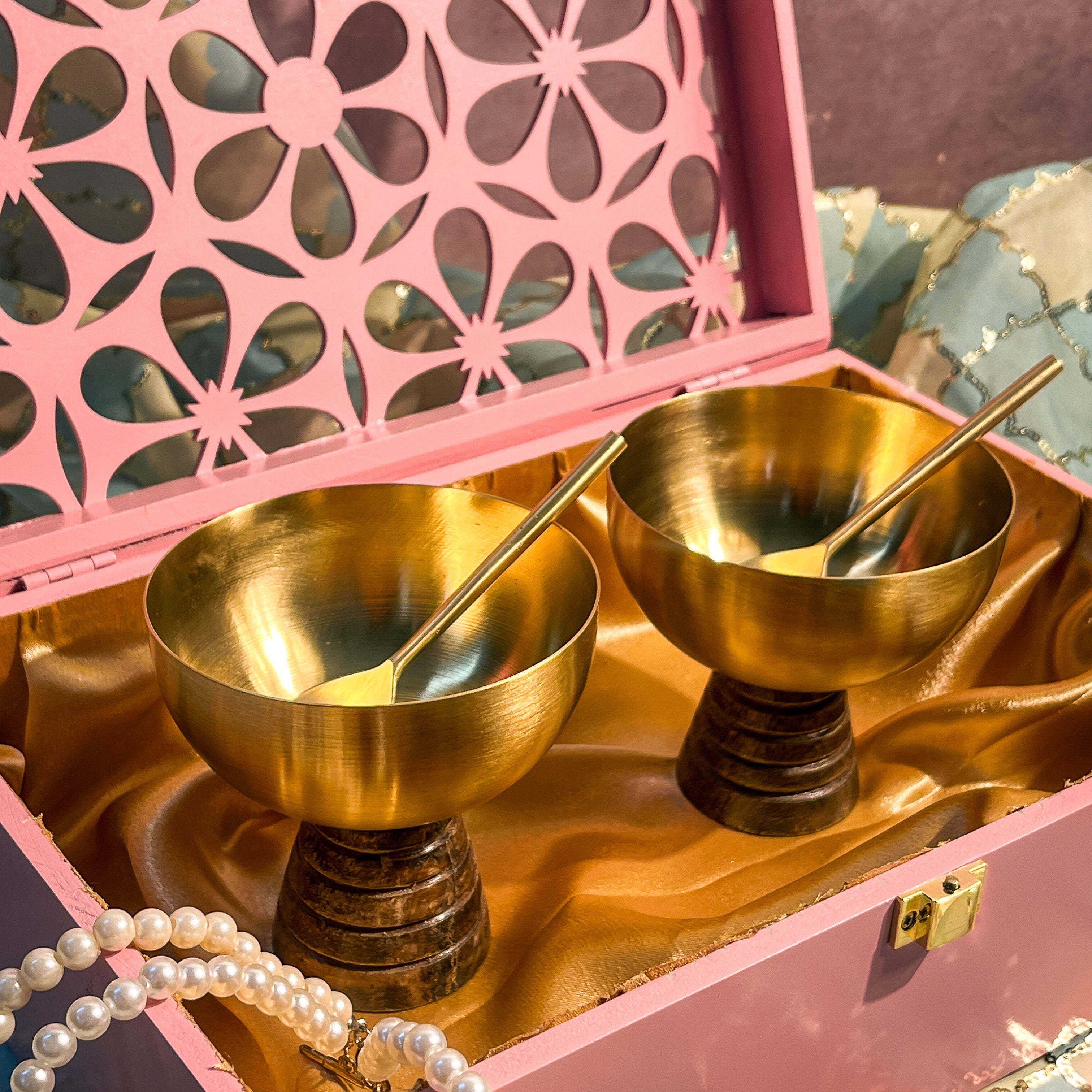 AMBI Premium Floral Jaali Wooden Gift Box with Brass Dessert Bowl (with spoon) - Set of 2