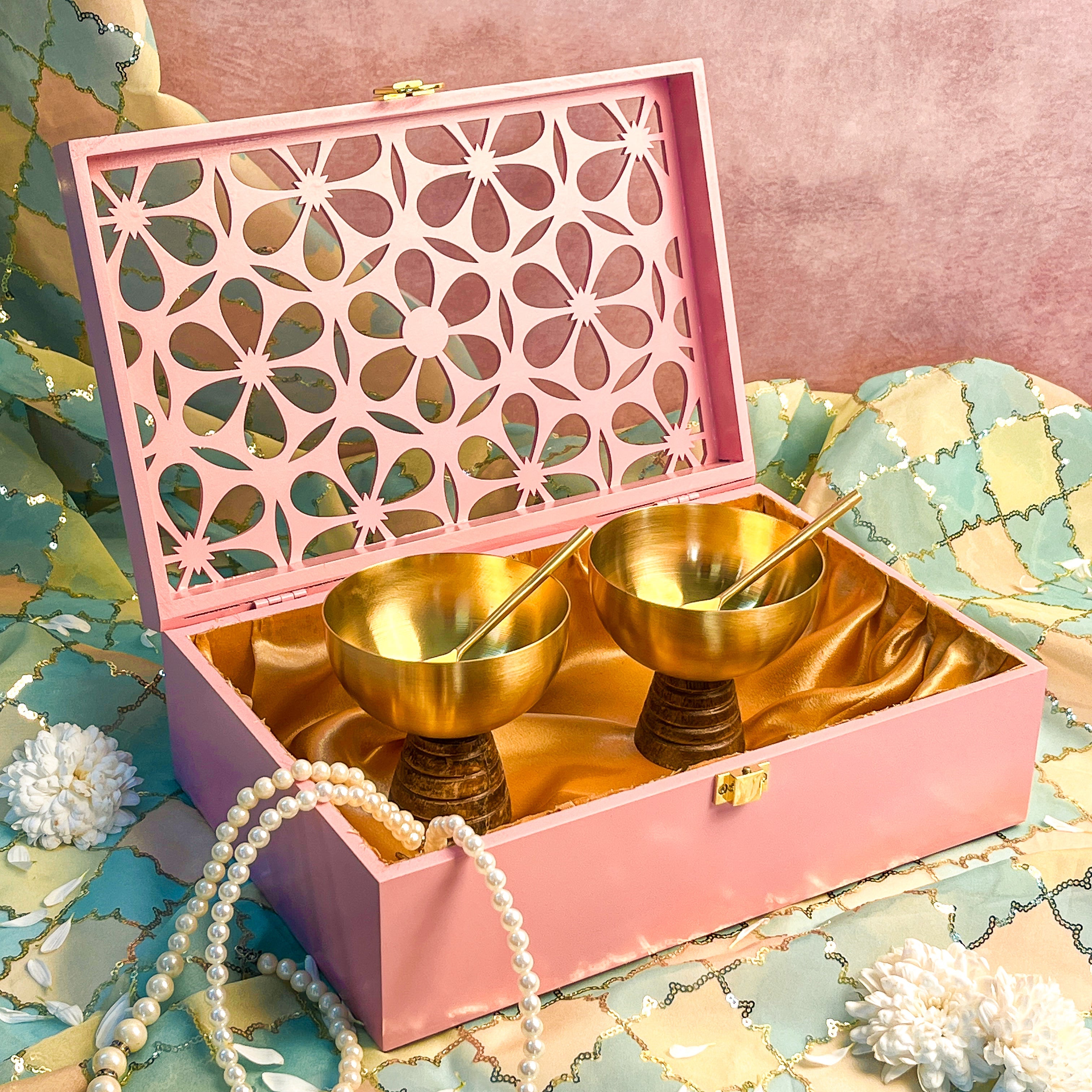 AMBI Premium Floral Jaali Wooden Gift Box with Brass Dessert Bowl (with spoon) - Set of 2