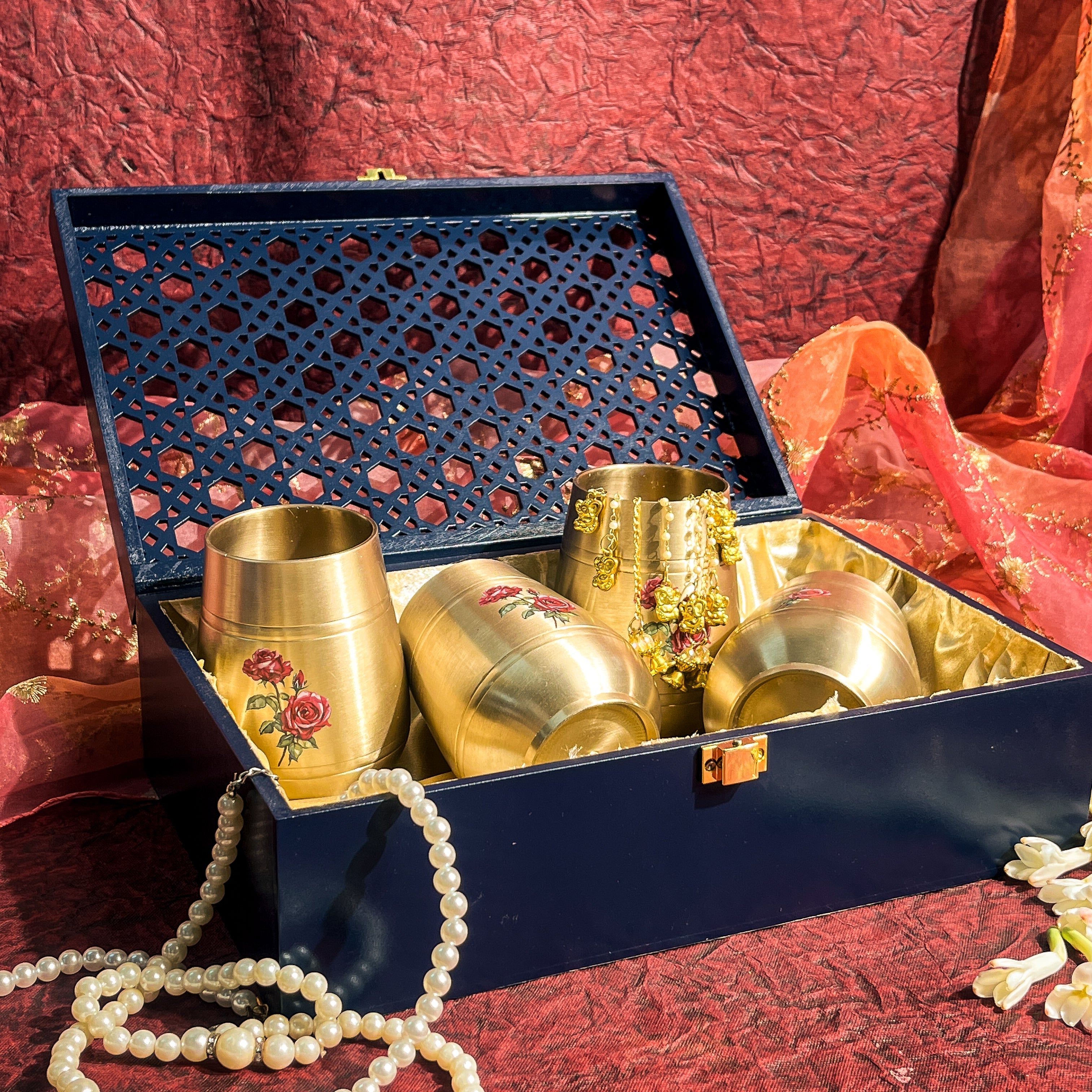 Ambi Pure Kansa Floral Hand Painted Finish Rose Damru Glass 350 ml (Set of 4) I Noor Jaali Gift Box