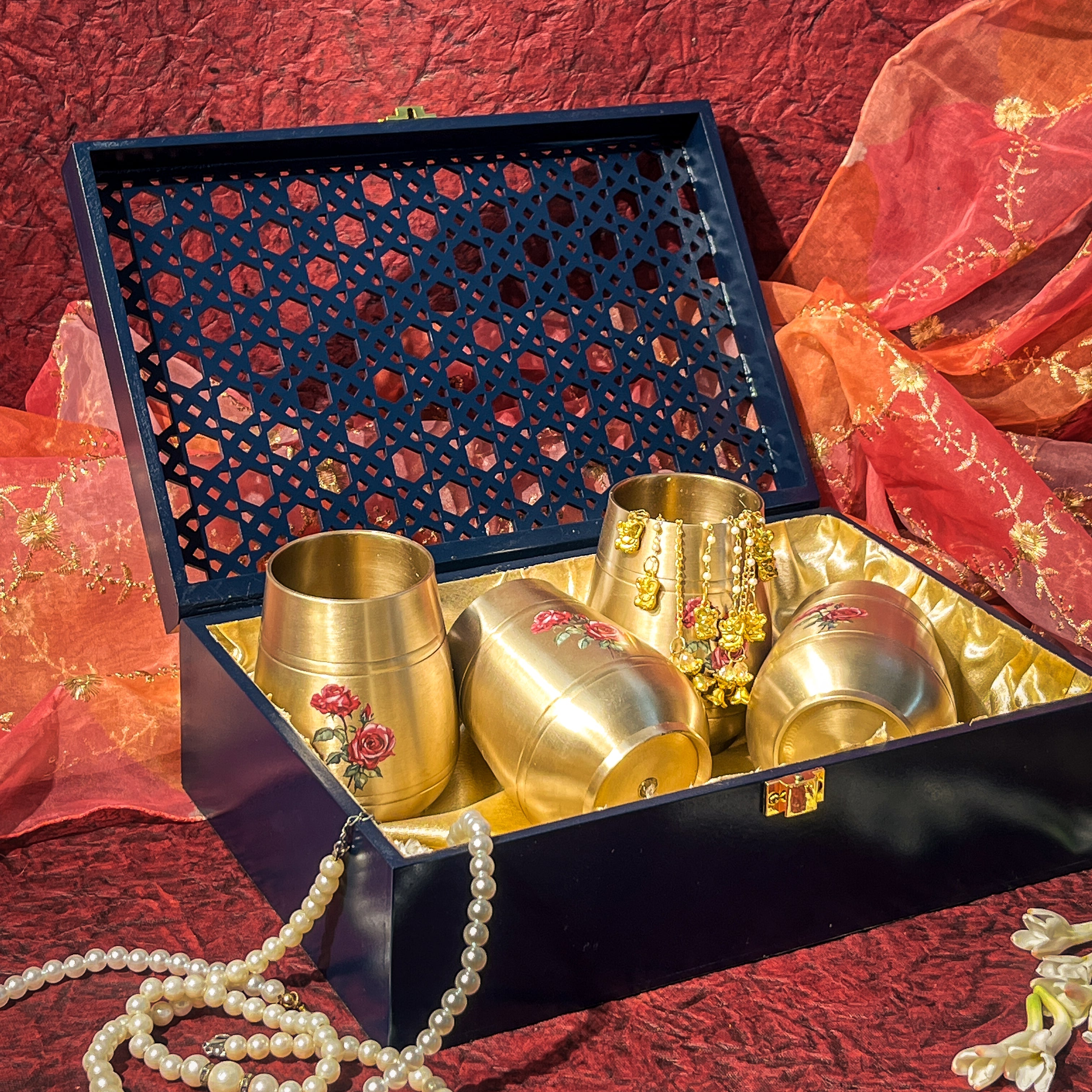 Ambi Pure Kansa Floral Hand Painted Finish Rose Damru Glass 350 ml (Set of 4) I Noor Jaali Gift Box