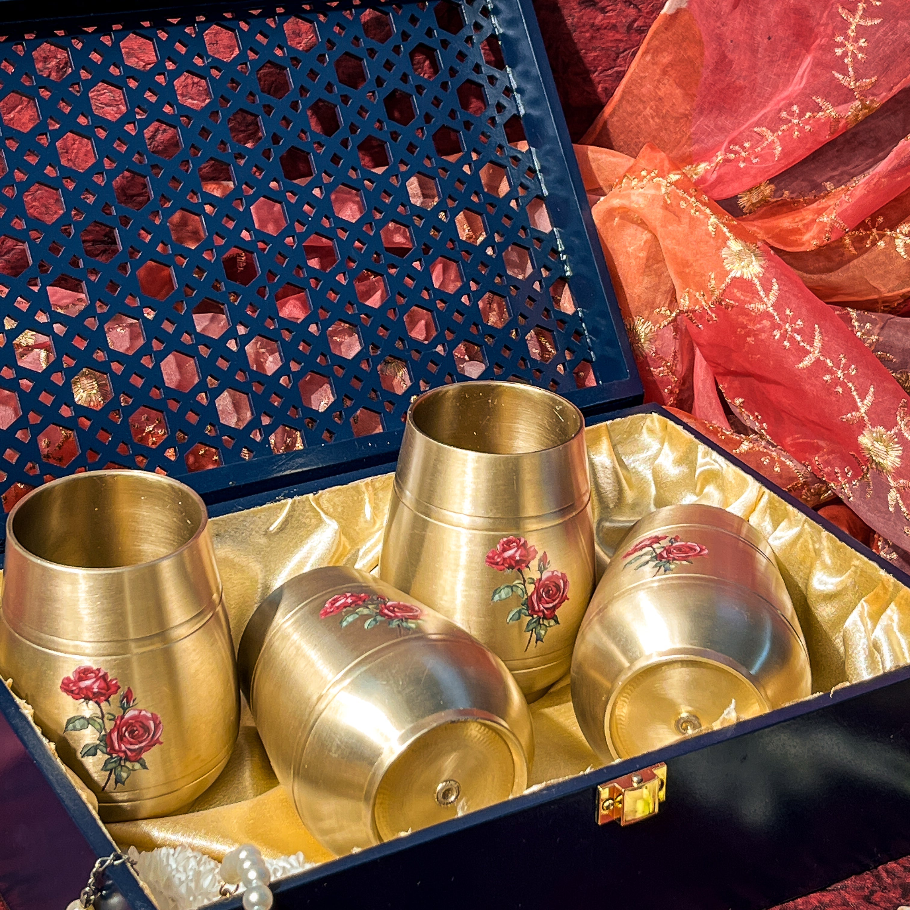 Ambi Pure Kansa Floral Hand Painted Finish Rose Damru Glass 350 ml (Set of 4) I Noor Jaali Gift Box