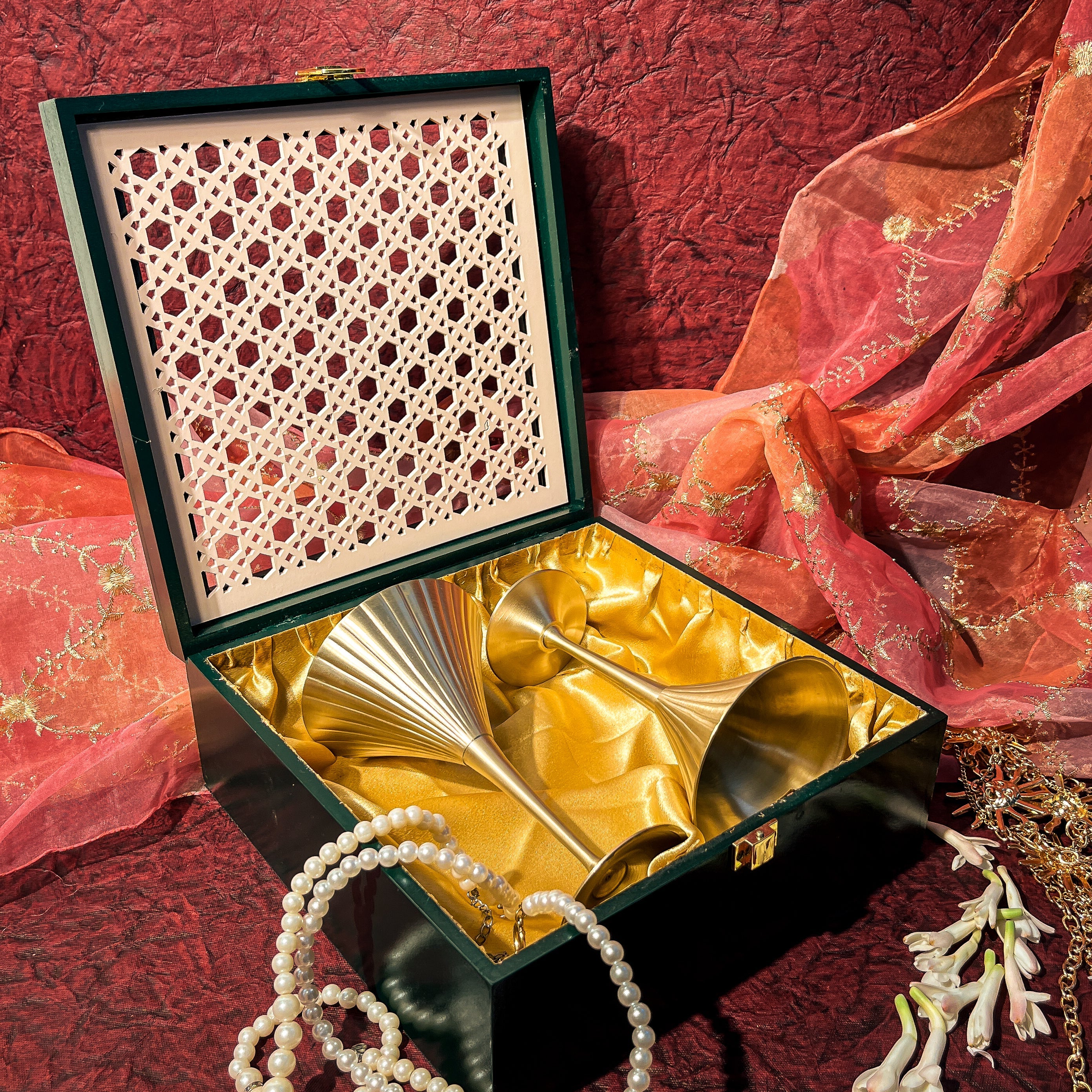 AMBI Noor Ivory Jaali Handcrafted Wooden Gift Box with Vintage-Inspired Pure Kansa Wine / Cocktail / Martini Glasses – Set of- 2