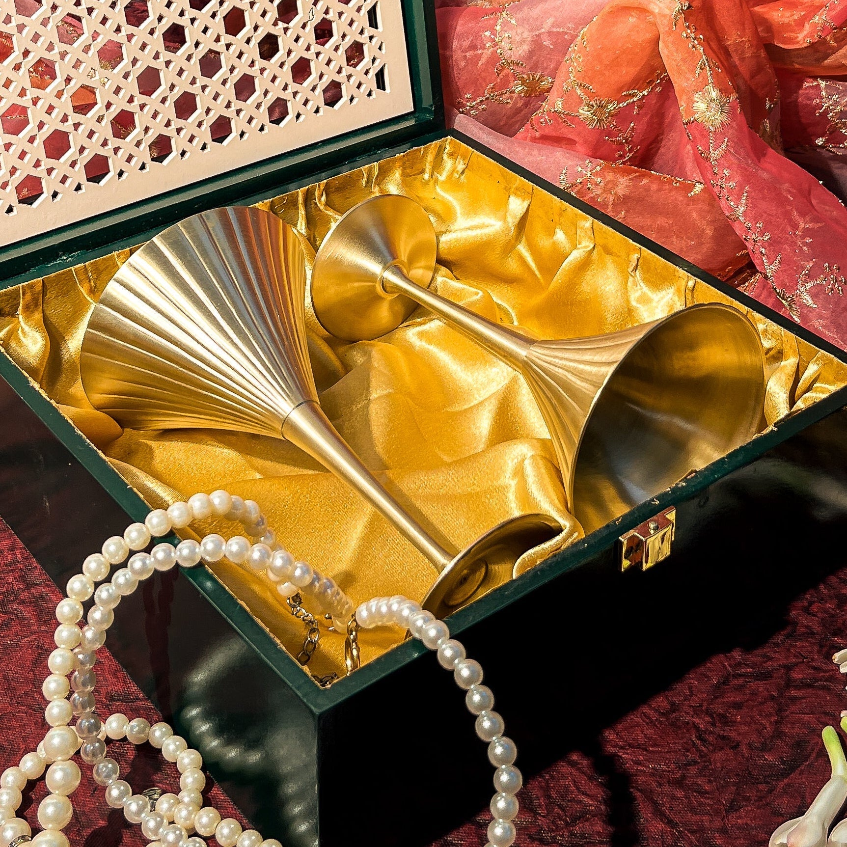 AMBI Noor Ivory Jaali Handcrafted Wooden Gift Box with Vintage-Inspired Pure Kansa Wine / Cocktail / Martini Glasses – Set of- 2