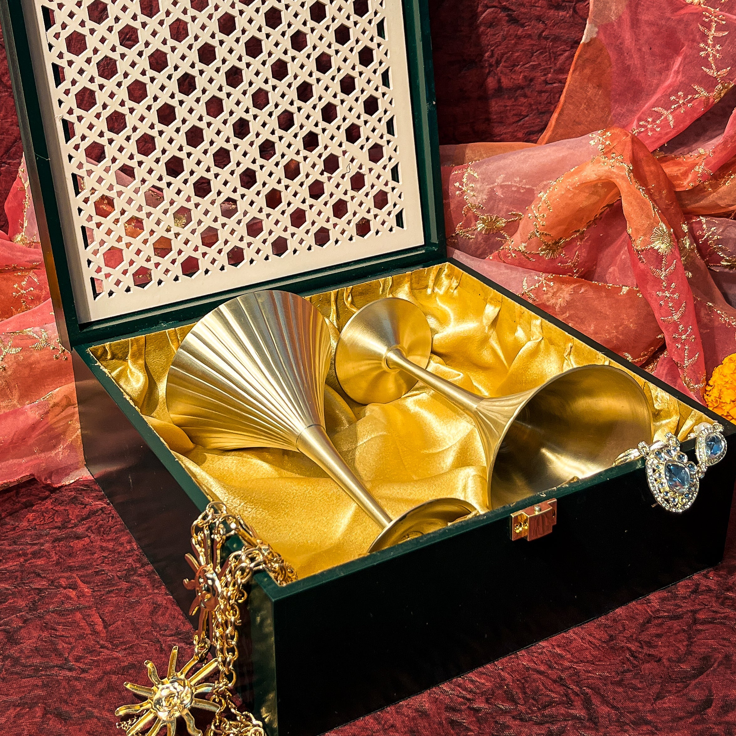 AMBI Noor Ivory Jaali Handcrafted Wooden Gift Box with Vintage-Inspired Pure Kansa Wine / Cocktail / Martini Glasses – Set of- 2