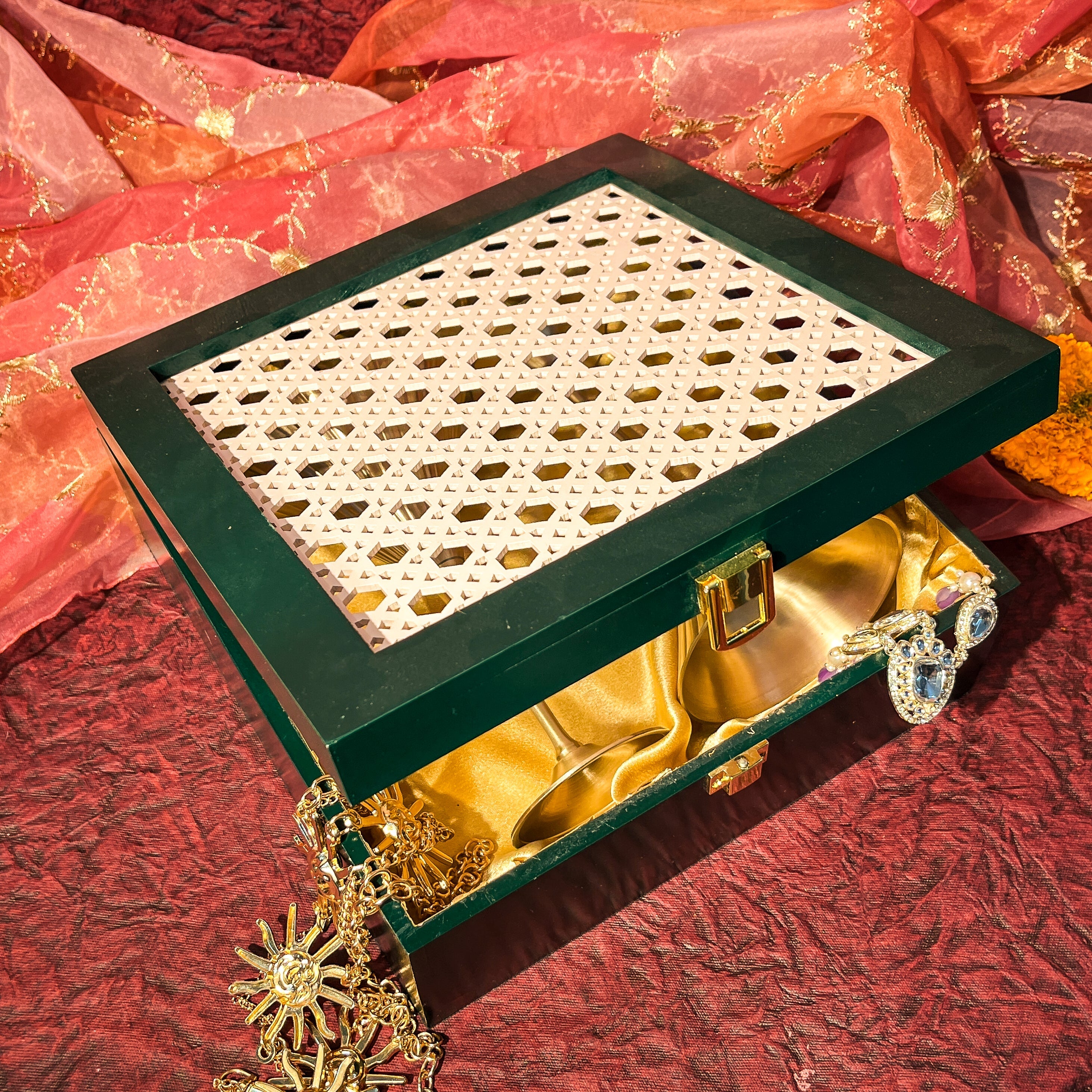 AMBI Noor Ivory Jaali Handcrafted Wooden Gift Box with Vintage-Inspired Pure Kansa Wine / Cocktail / Martini Glasses – Set of- 2