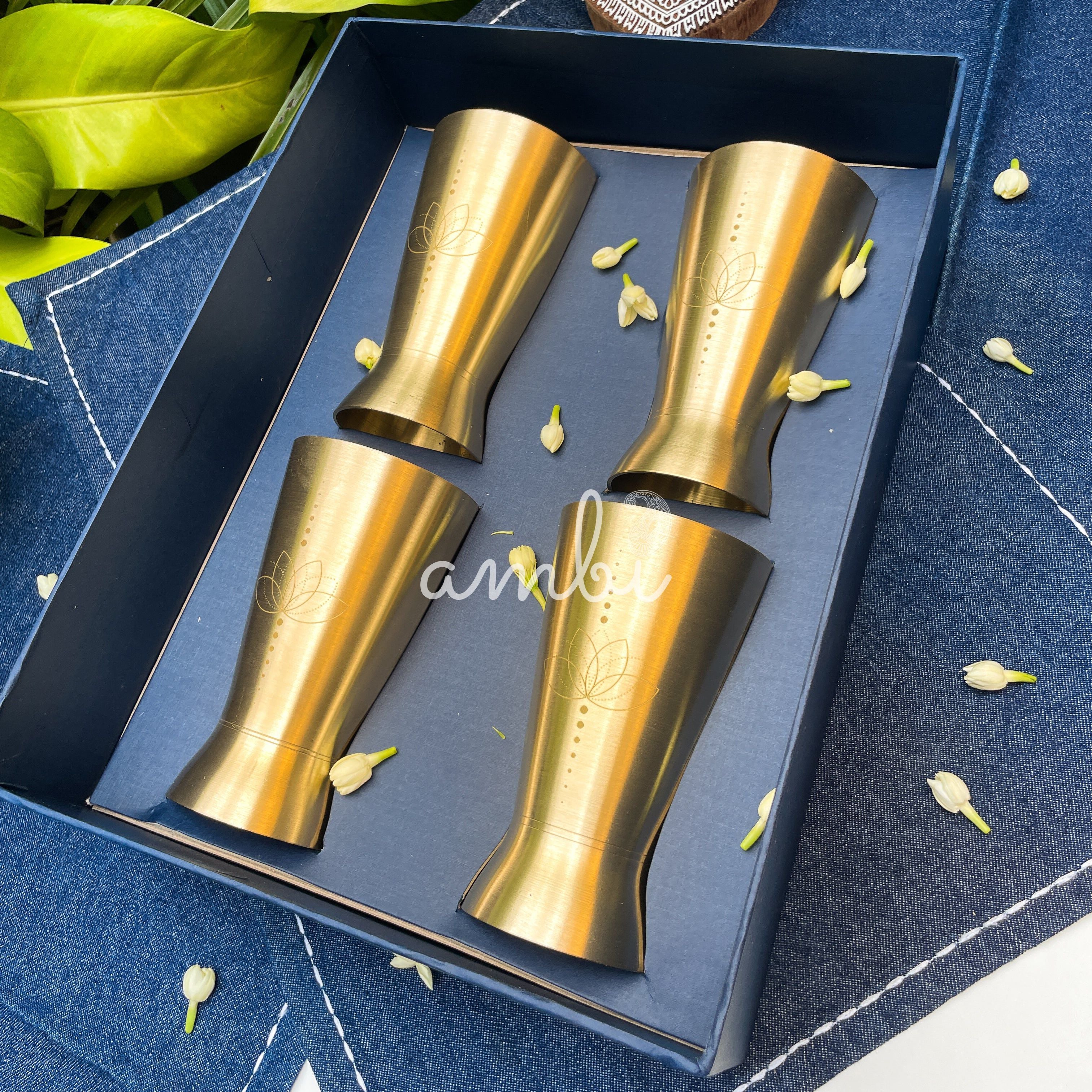 Ambi Gift Set – 4 Lead-Free, 100% Pure Kansa Etched Glasses – Zen Lotus