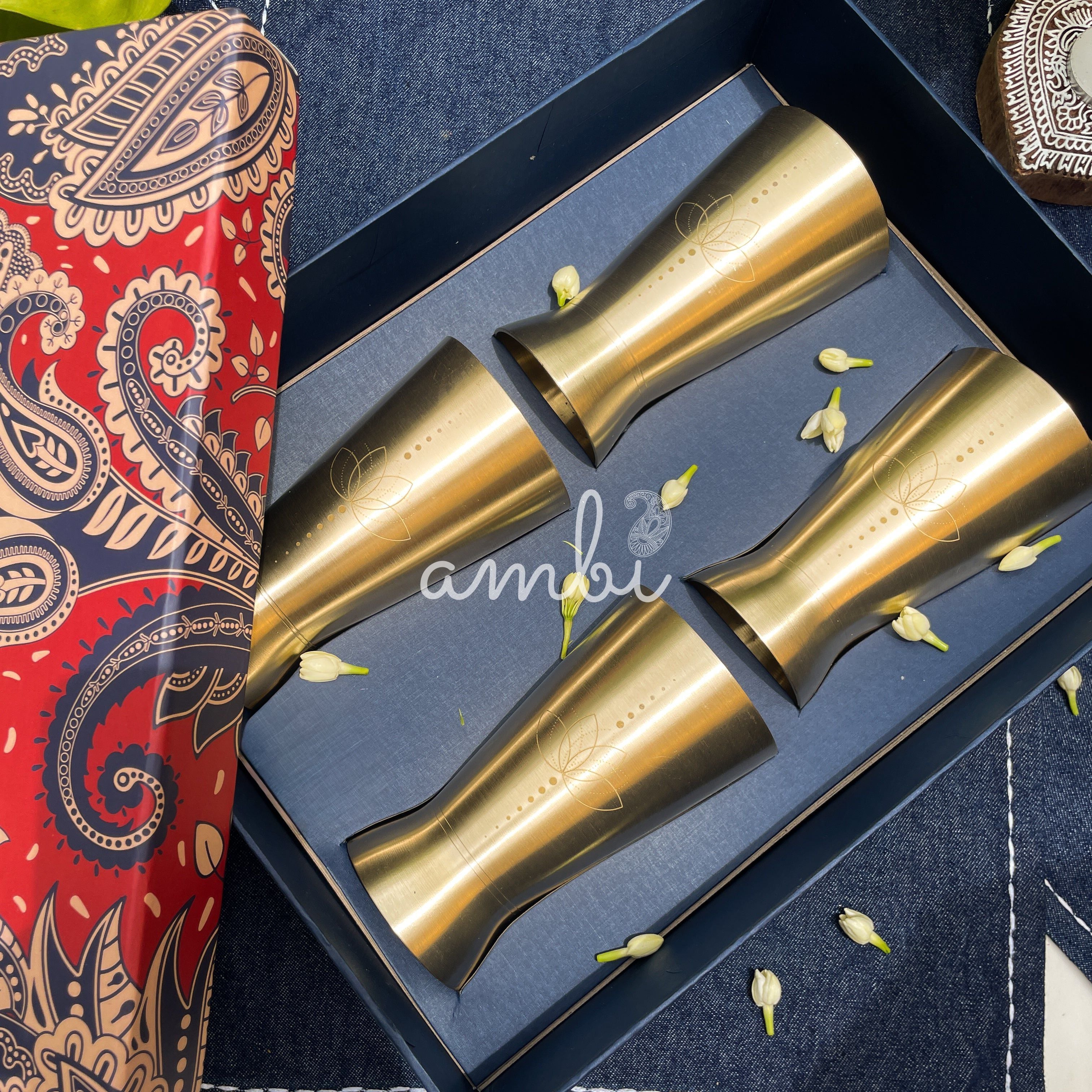 Ambi Gift Set – 4 Lead-Free, 100% Pure Kansa Etched Glasses – Zen Lotus