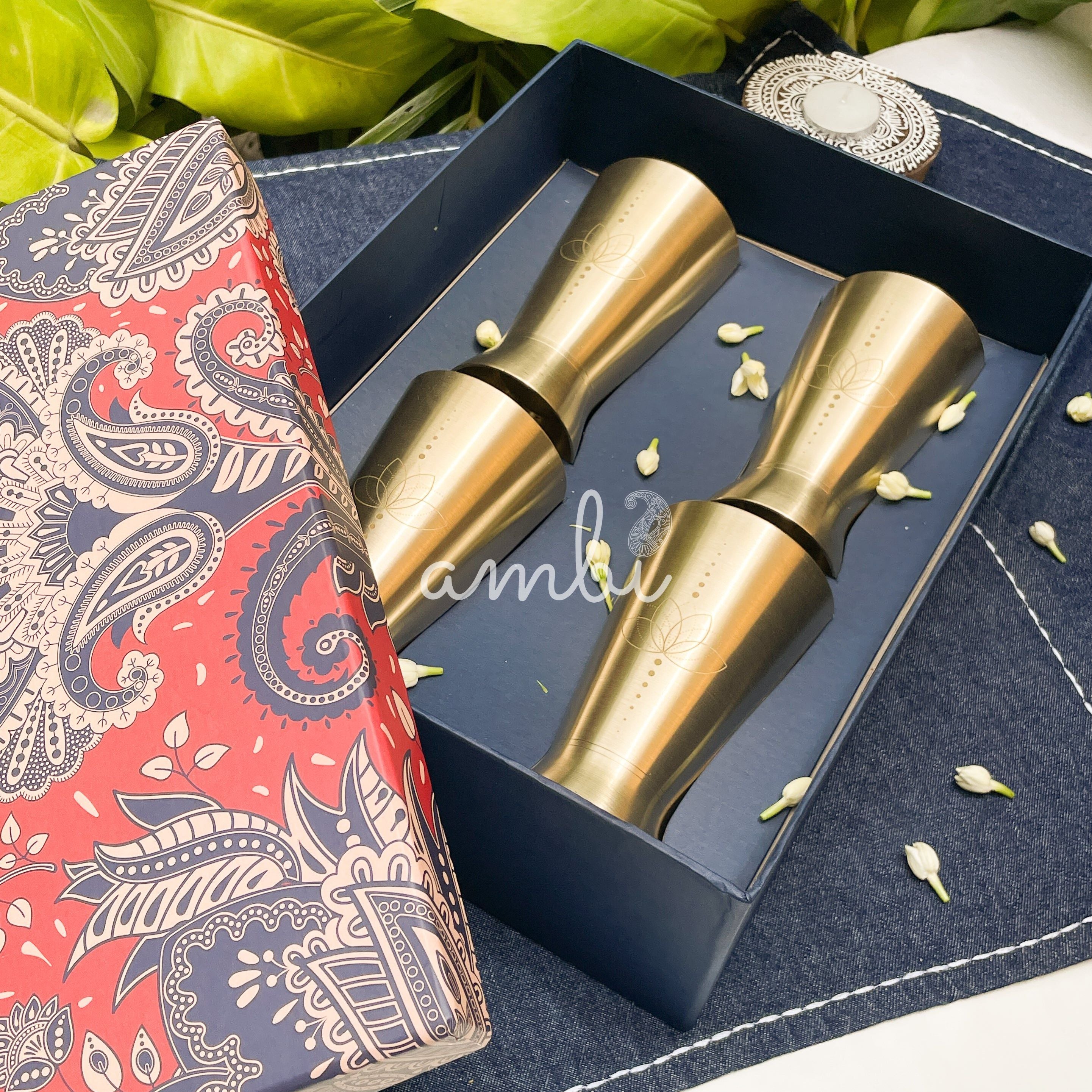 Ambi Gift Set – 4 Lead-Free, 100% Pure Kansa Etched Glasses – Zen Lotus