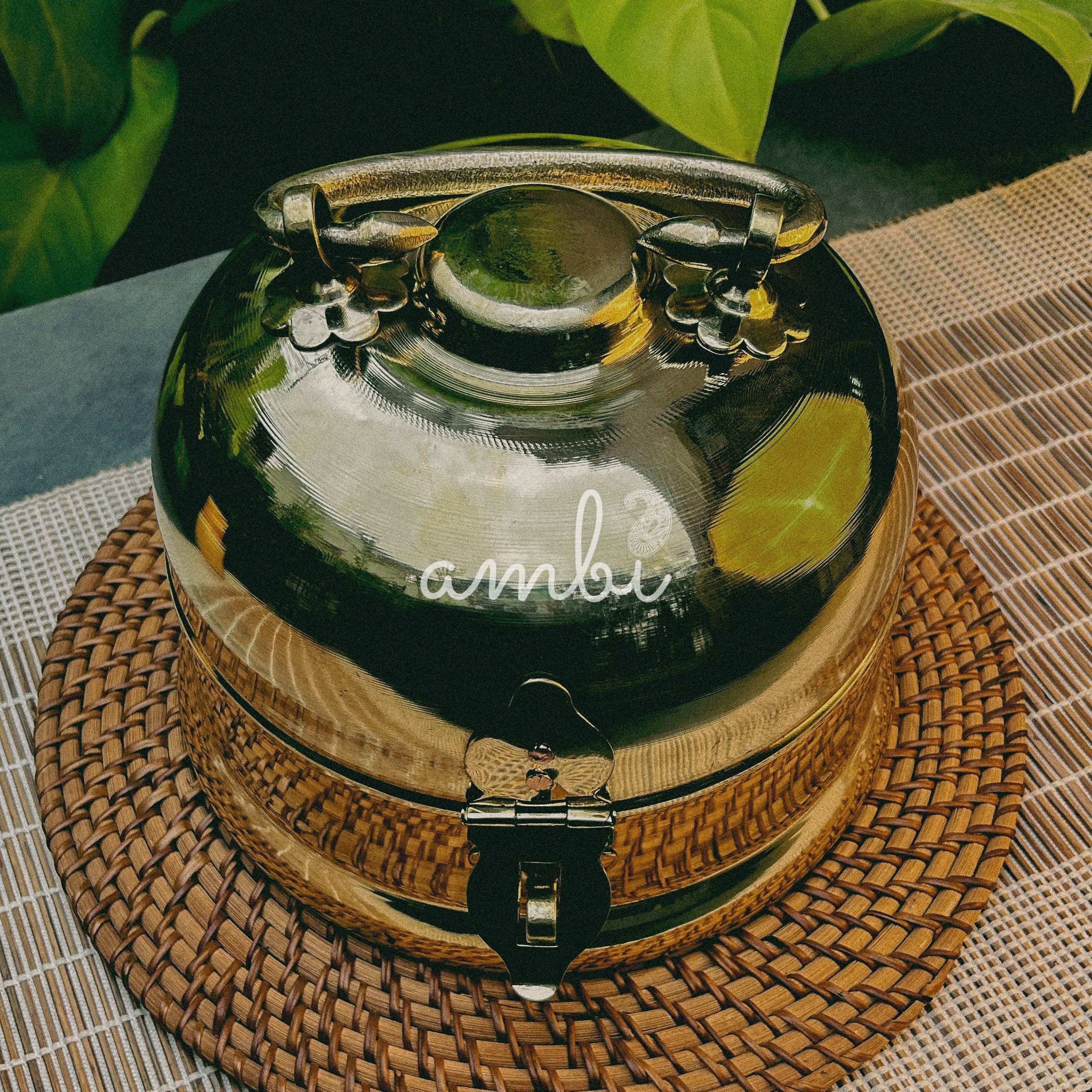 Ambi Traditional Heavy Brass Storage Box / Roti Box with Ornamental Handle – Large Size