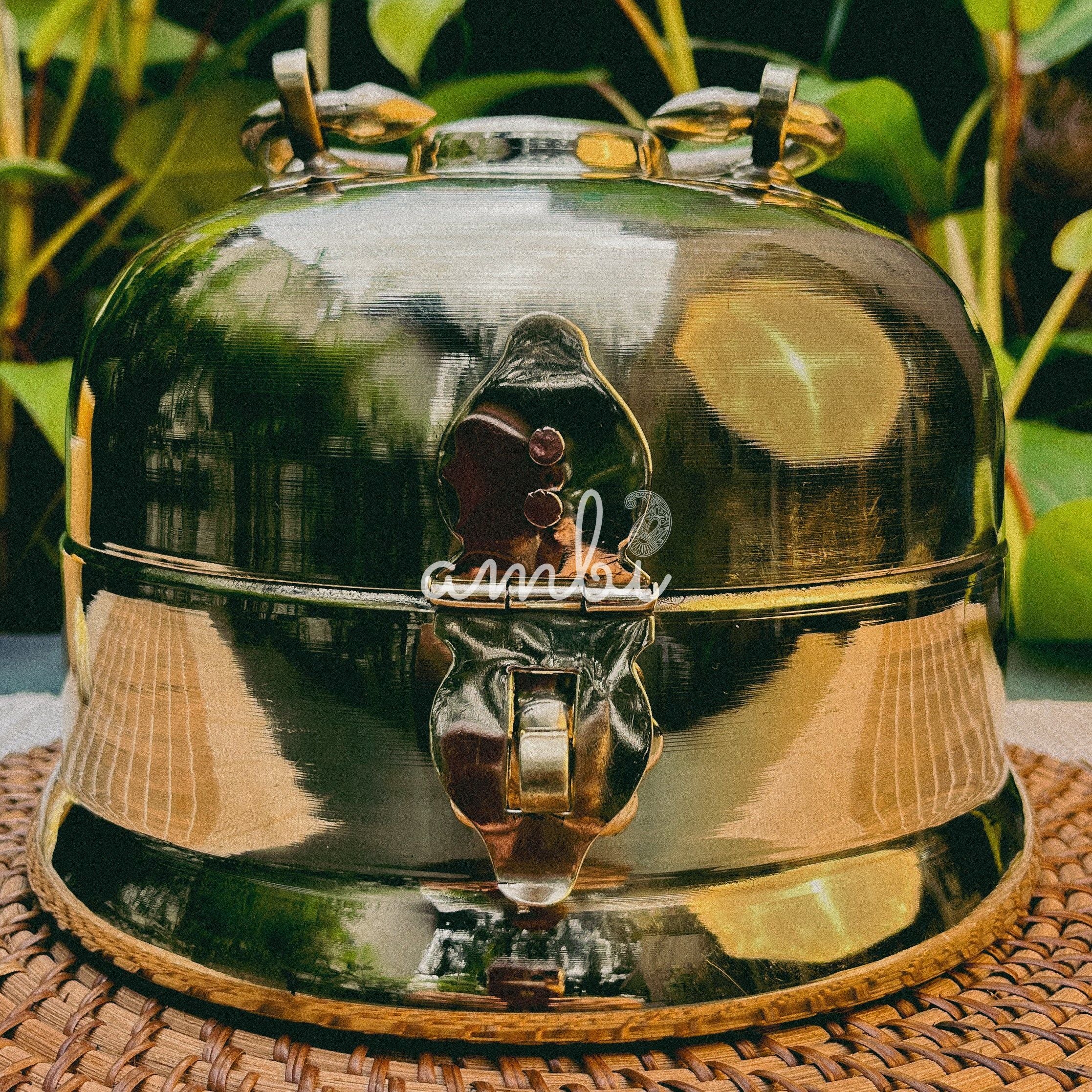 Ambi Traditional Heavy Brass Storage Box / Roti Box with Ornamental Handle – Large Size
