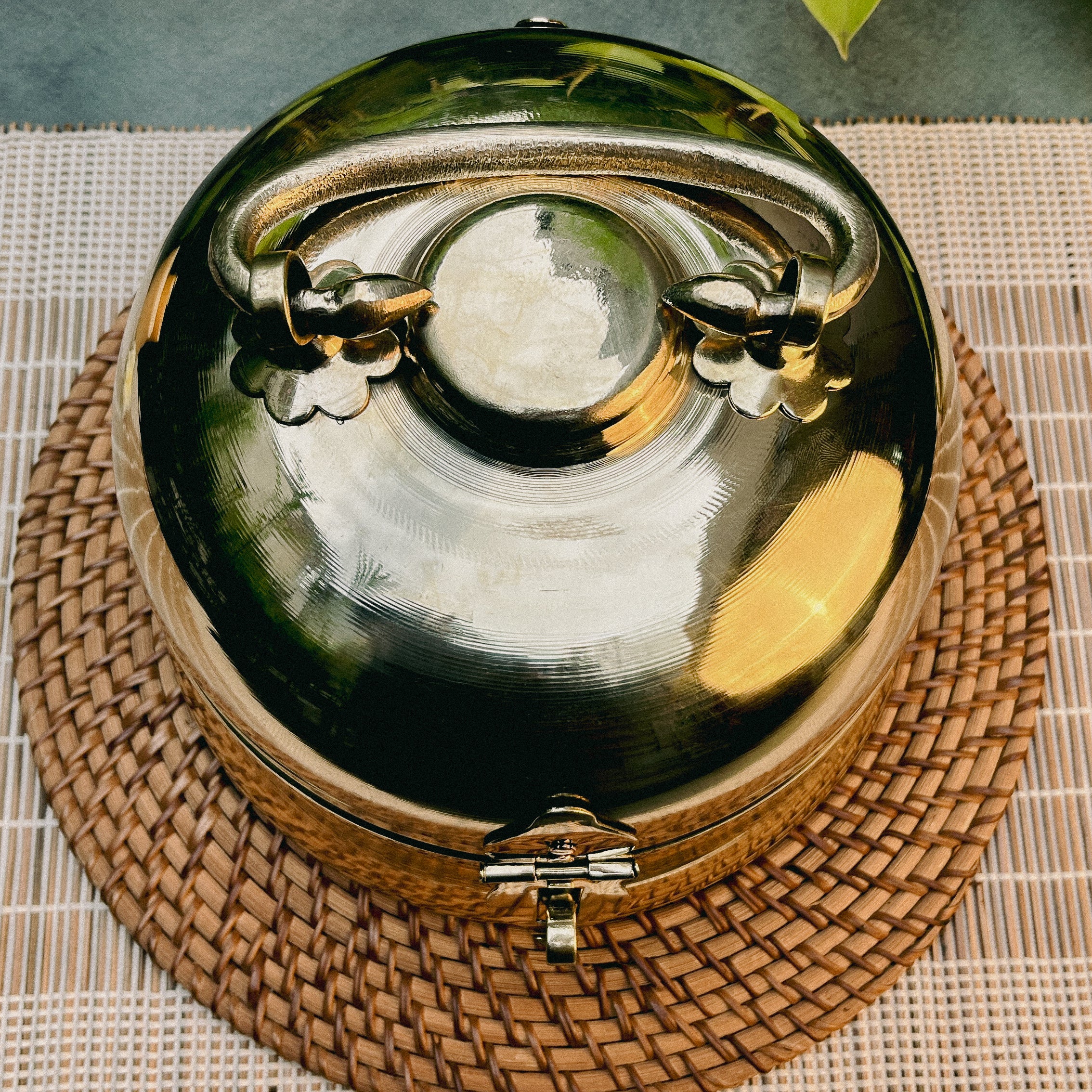 Ambi Traditional Heavy Brass Storage Box / Roti Box with Ornamental Handle – Large Size