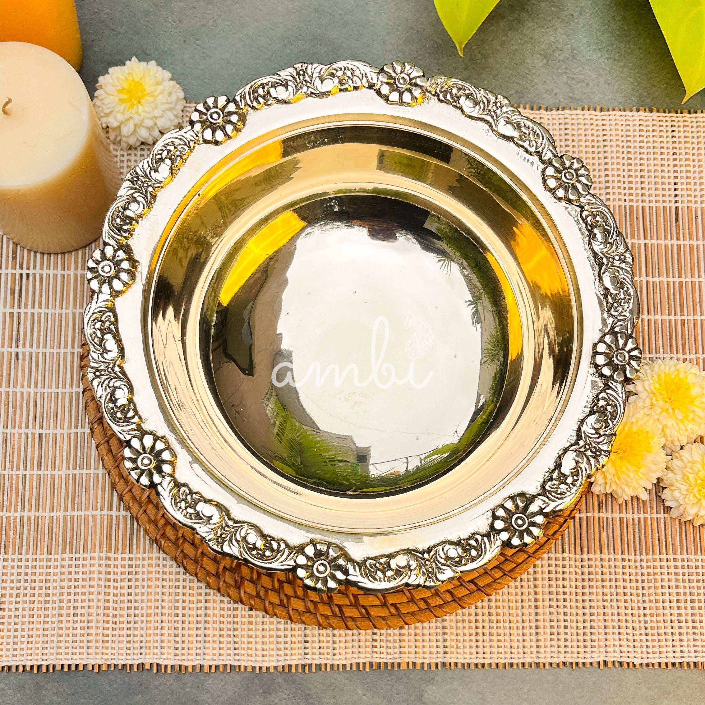 Ambi Lead Free Pure Brass Vicotorian Serving Bowl with Ornate Floral Lid Large