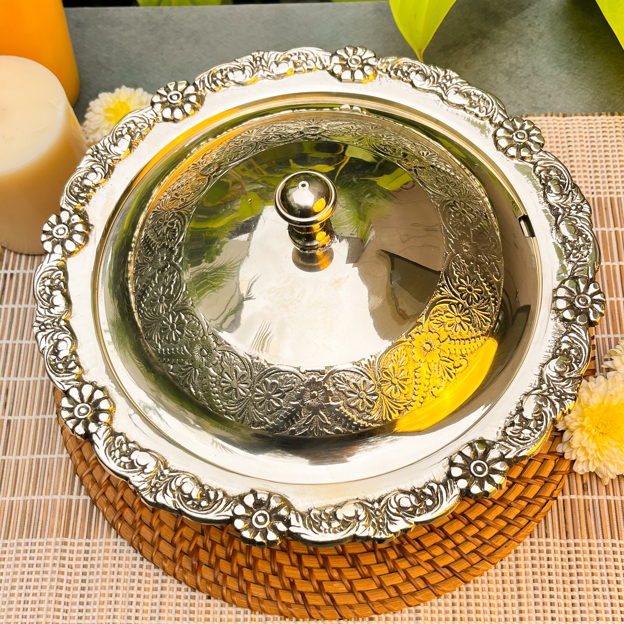 Ambi Lead Free Pure Brass Vicotorian Serving Bowl with Ornate Floral Lid Large
