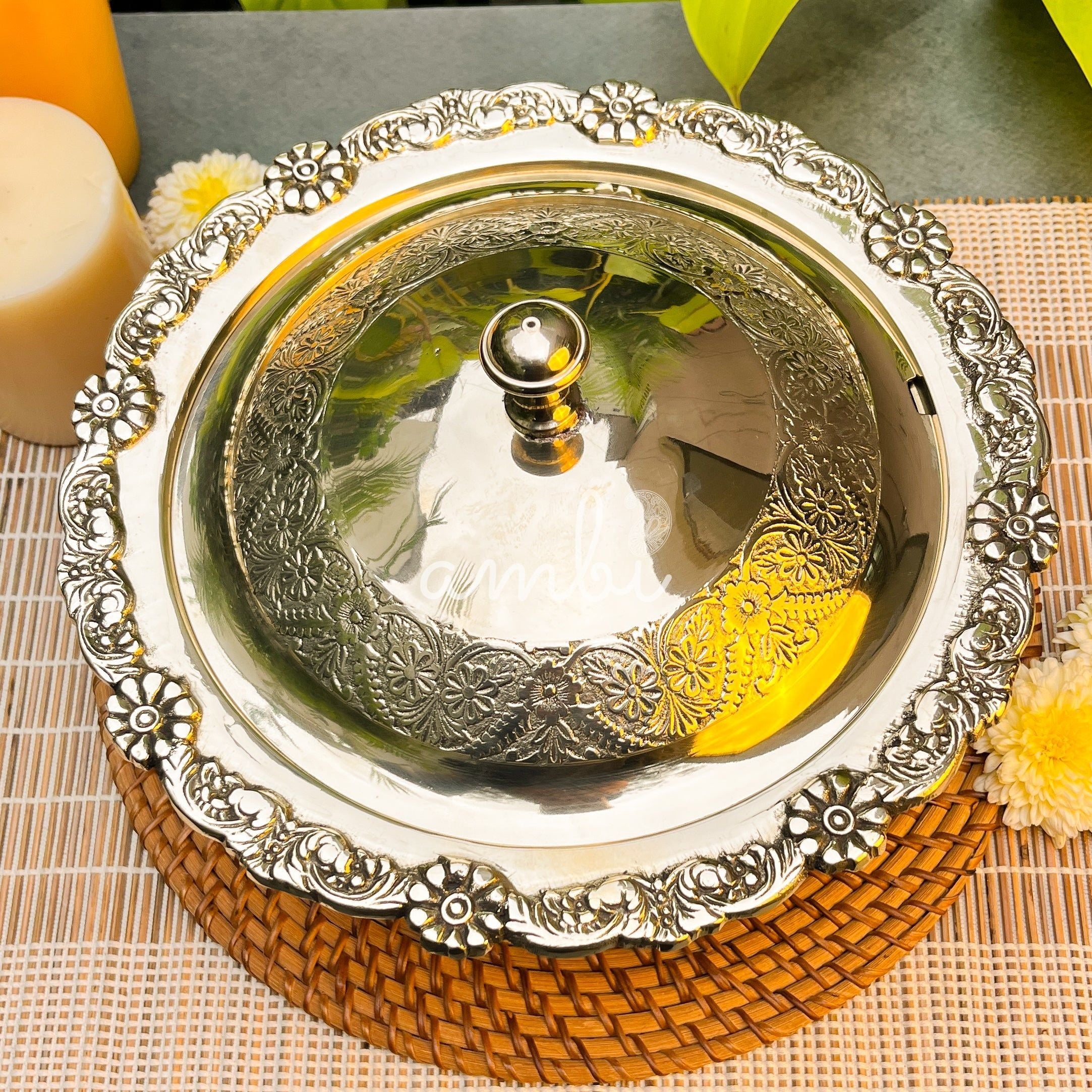 Ambi Lead Free Pure Brass Vicotorian Serving Bowl with Ornate Floral Lid Large