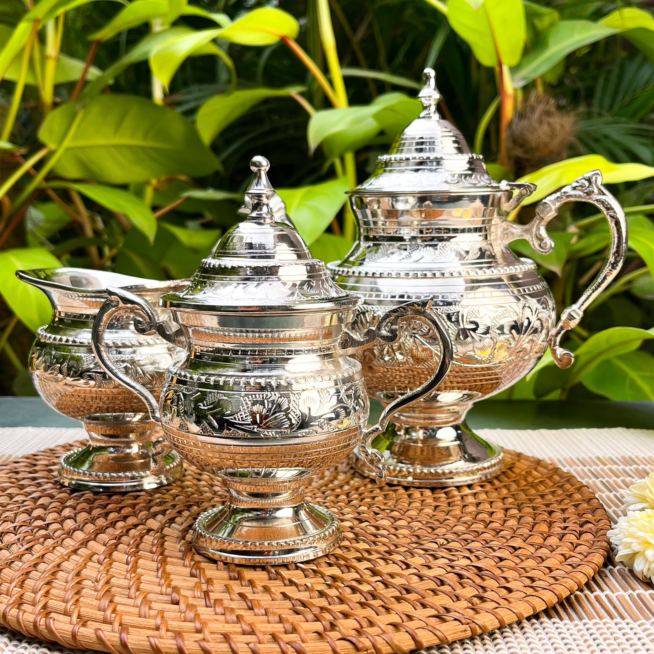 Ambi Silver-Plated Brass Victorian Tea Set – 3 Piece | Antique Finish | Handcrafted