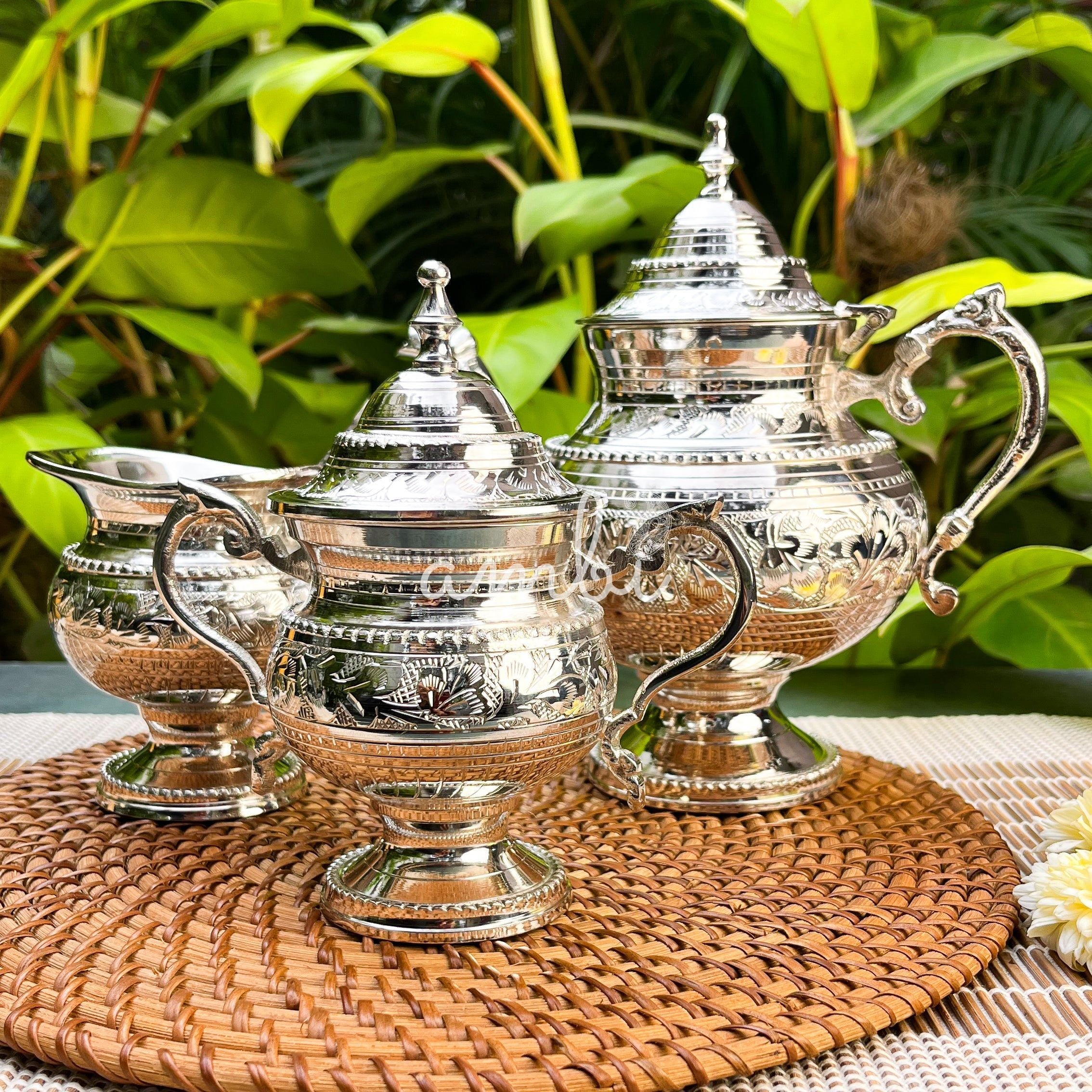 Antique Victorian Style Royal Silver-Plated Finish Pure Brass Tea Set of 3