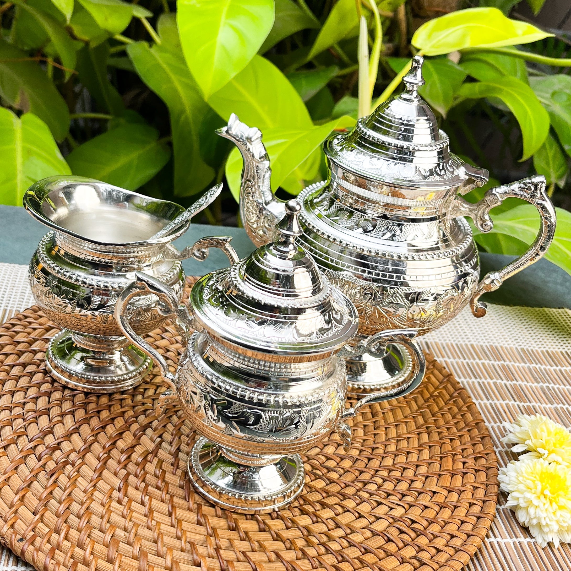 Ambi Silver-Plated Brass Victorian Tea Set – 3 Piece | Antique Finish | Handcrafted