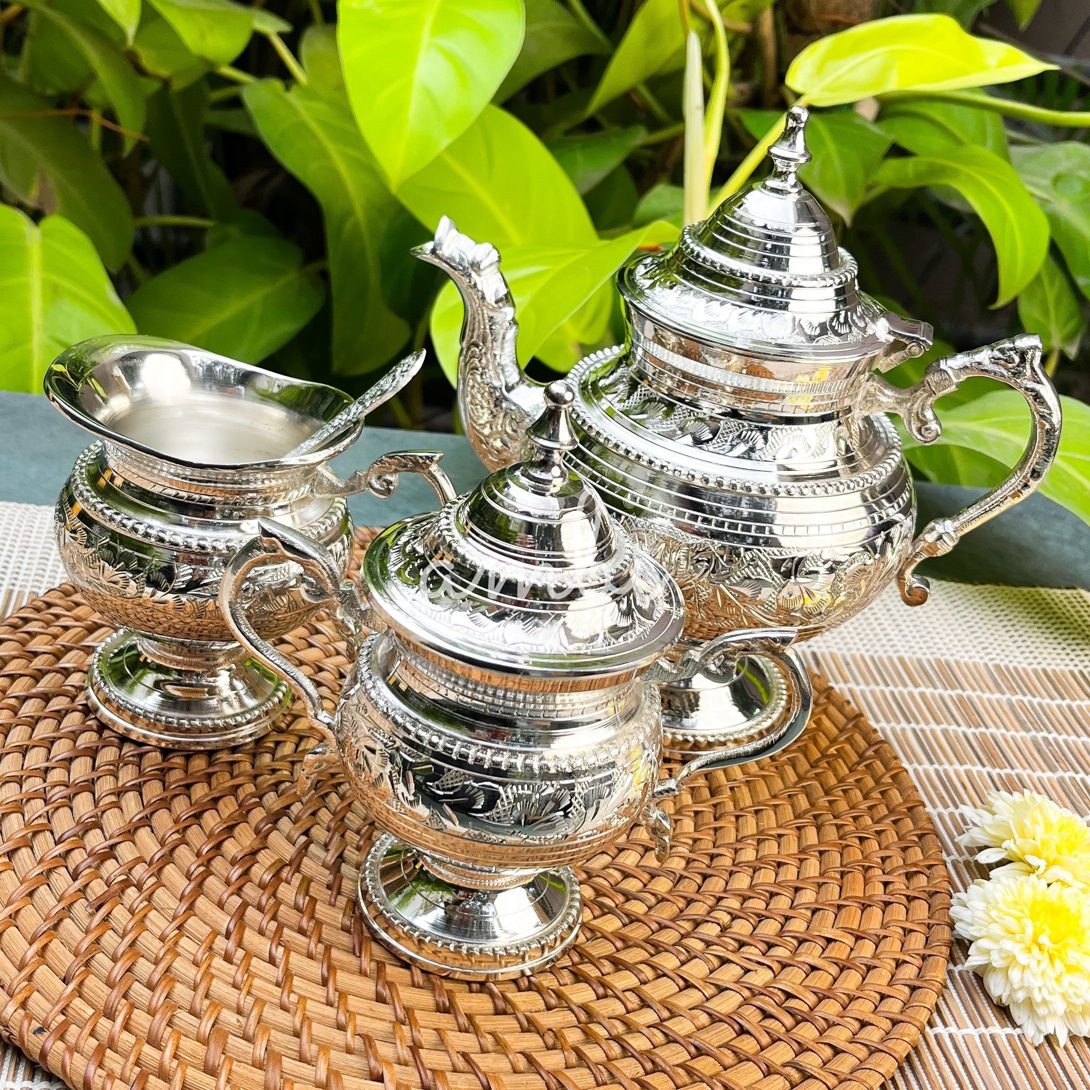 Ambi Silver-Plated Brass Victorian Tea Set – 3 Piece | Antique Finish | Handcrafted
