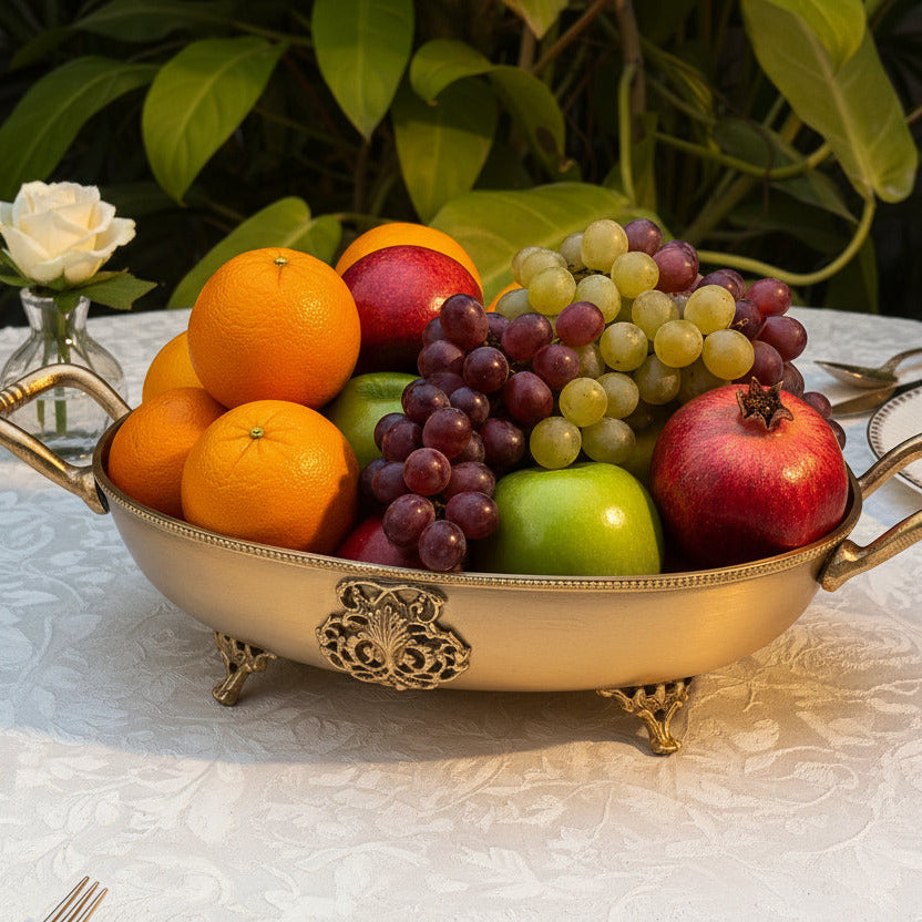 Ambi Lead Free Pure Brass Oval Serving Bowl with Beaded Rim & Ornate Feet