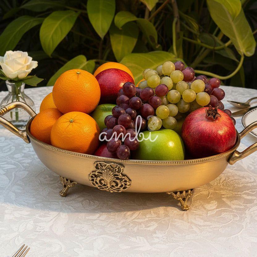 Ambi Lead Free Pure Brass Oval Serving Bowl with Beaded Rim & Ornate Feet