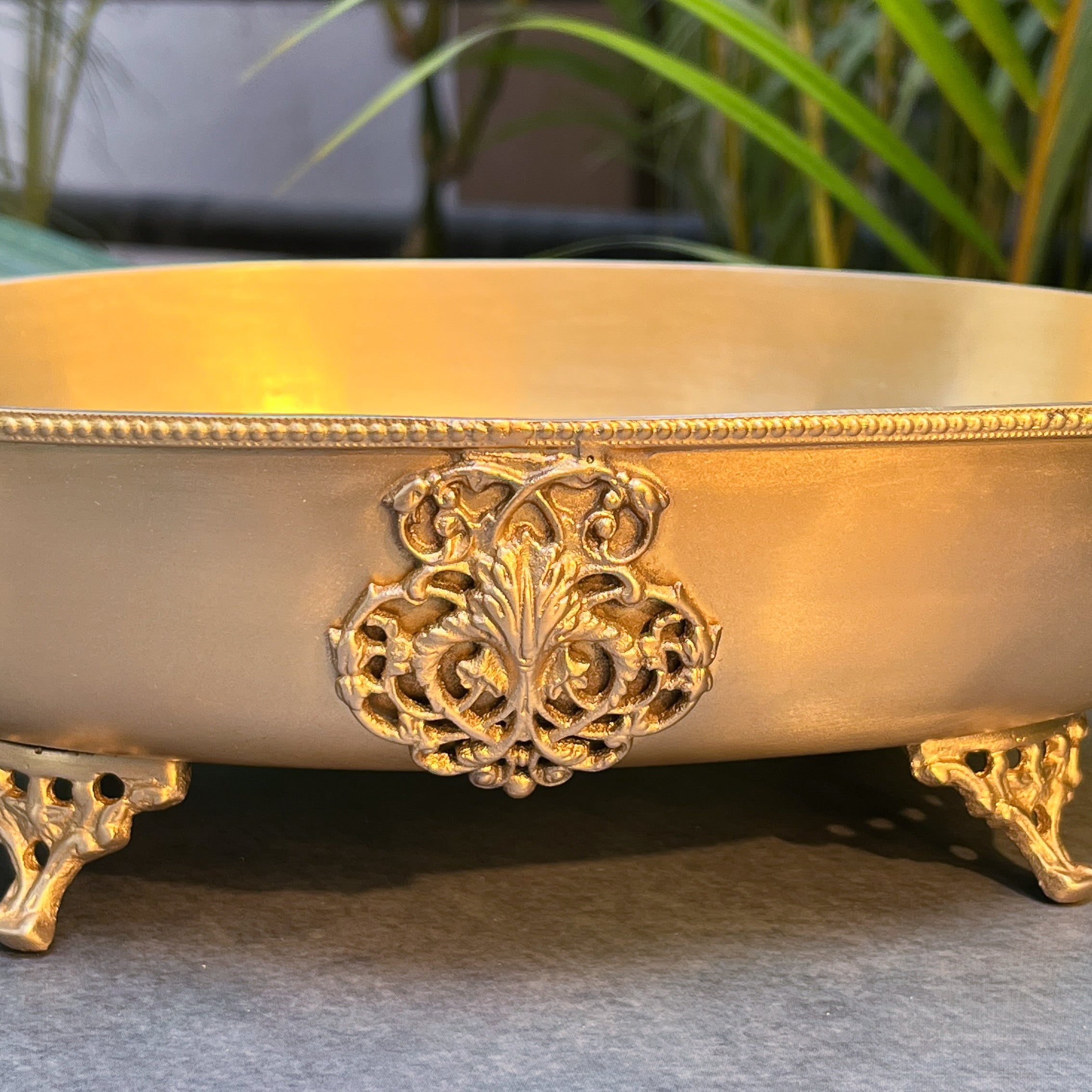 Ambi Lead Free Pure Brass Oval Serving Bowl with Beaded Rim & Ornate Feet