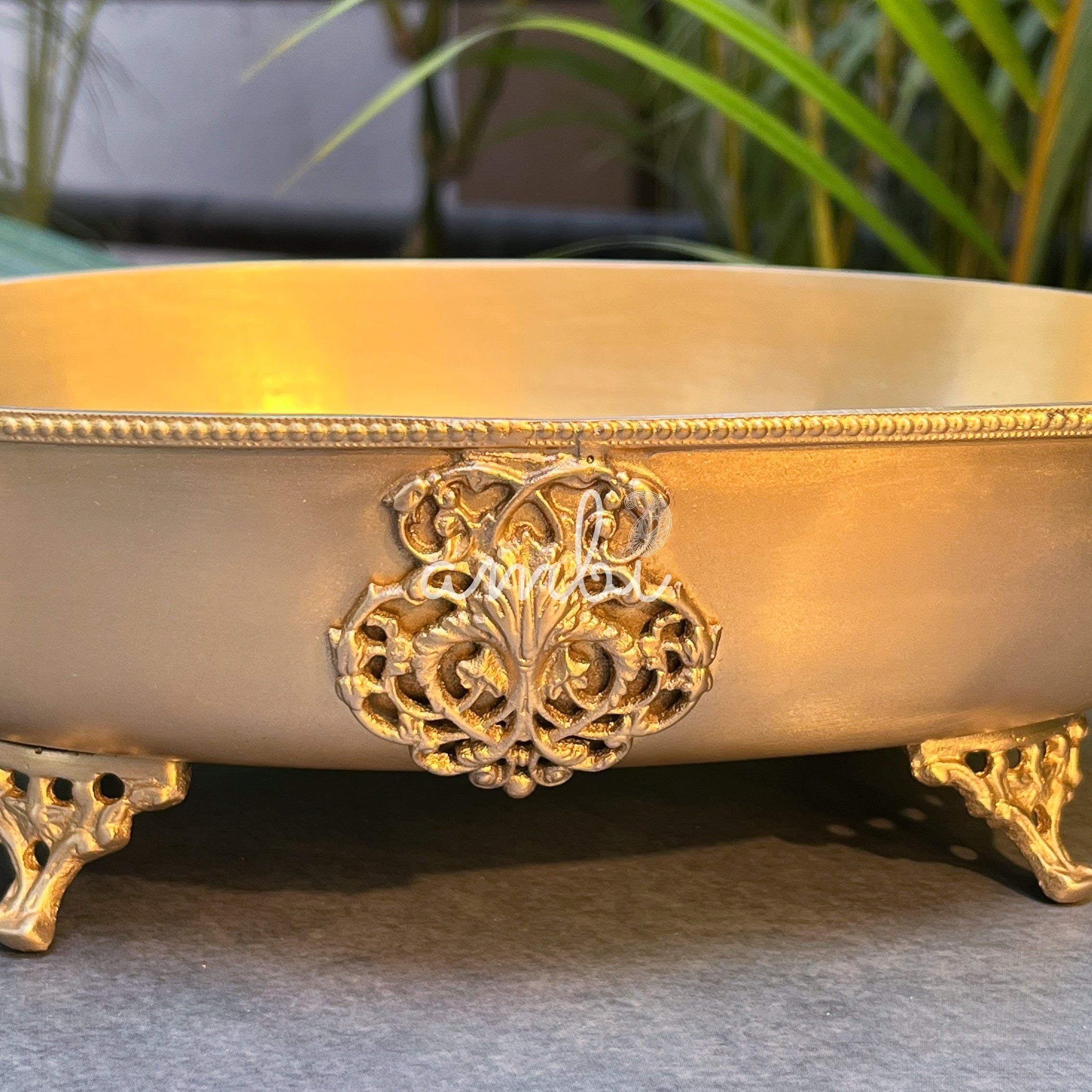 Ambi Lead Free Pure Brass Oval Serving Bowl with Beaded Rim & Ornate Feet