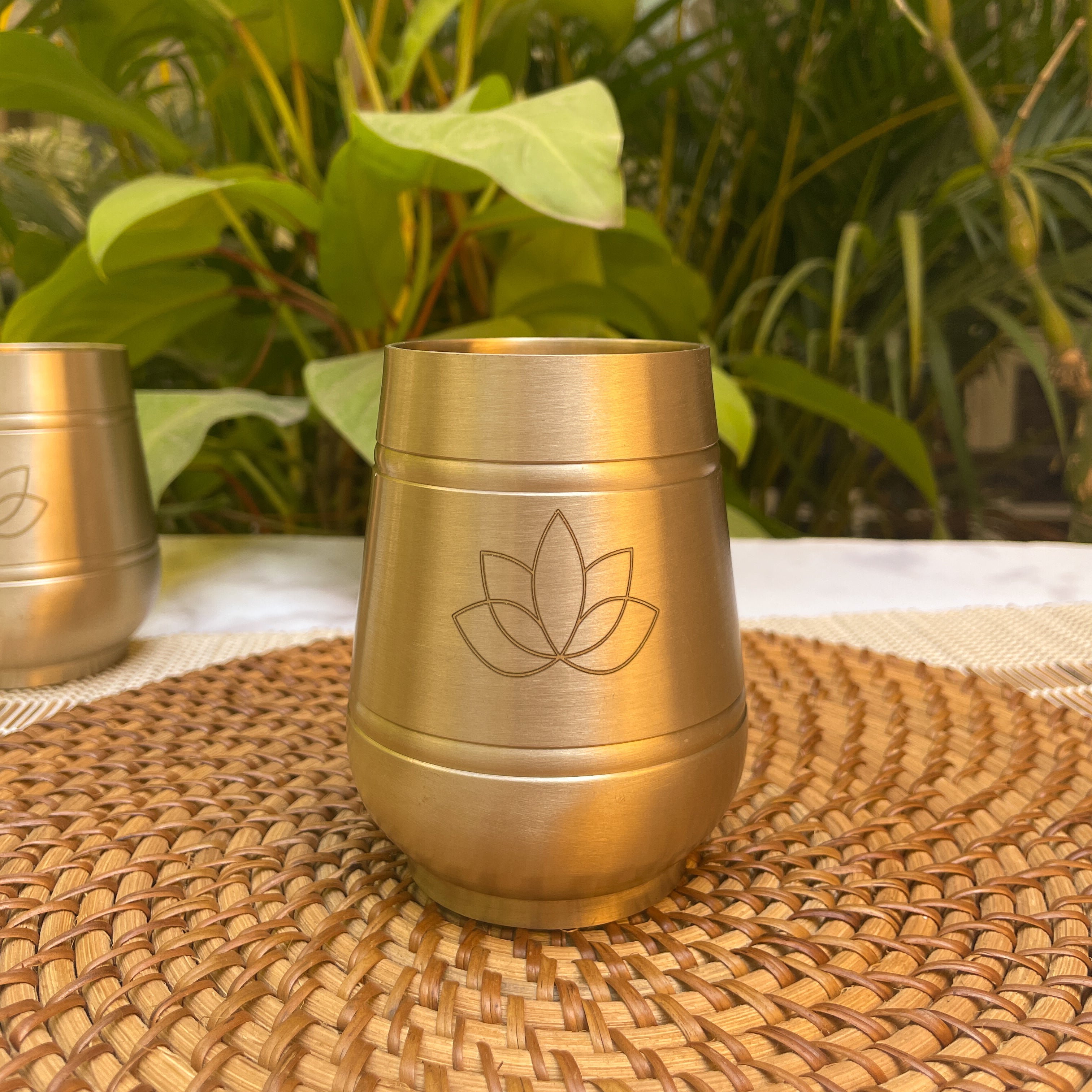 AMBI Pure 100% Lead Free Kansa Damru Shaped Water Glass -with Laser Cut Lotus Design - 330 ML