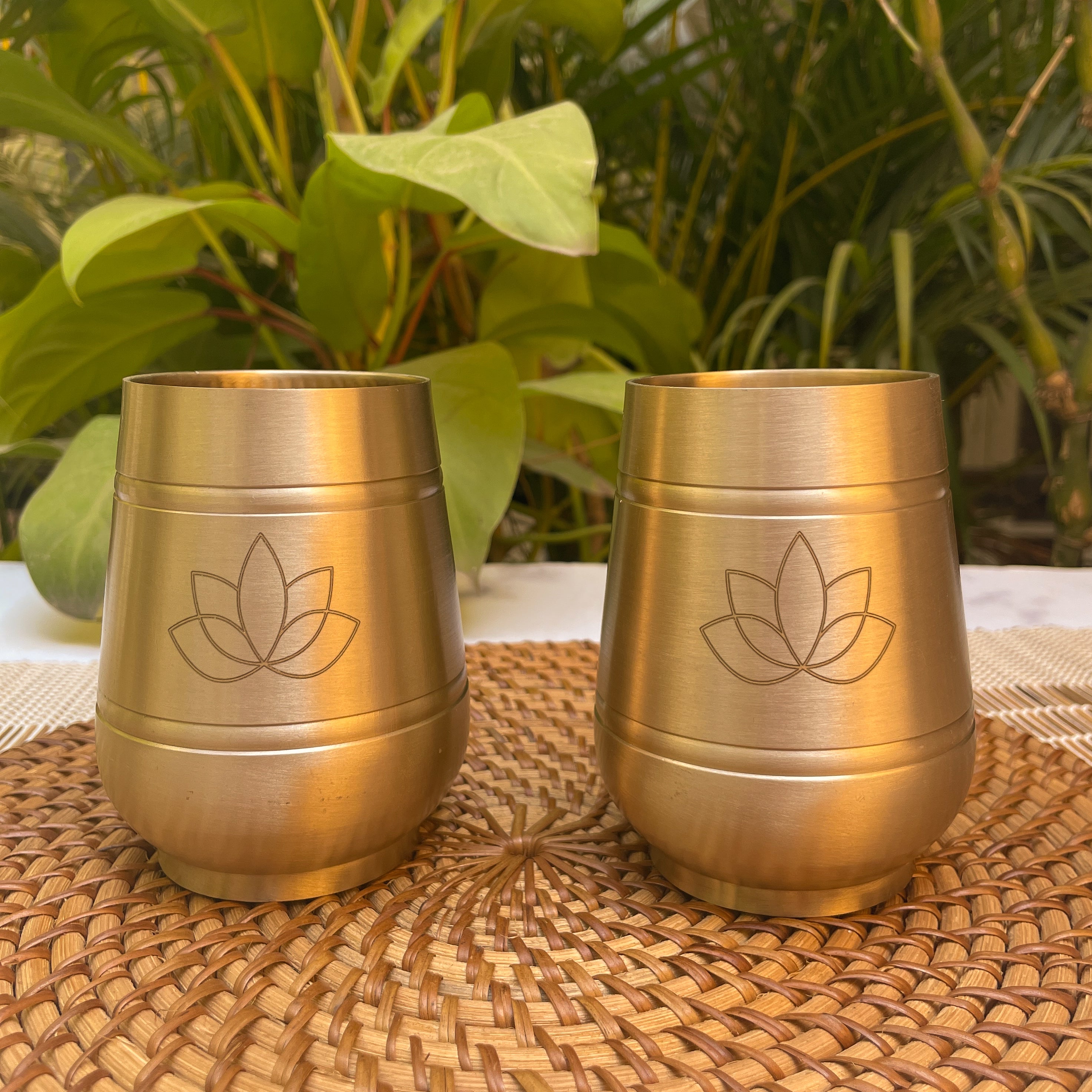 AMBI Pure 100% Lead Free Kansa Damru Shaped Water Glass -with Laser Cut Lotus Design 330 ml