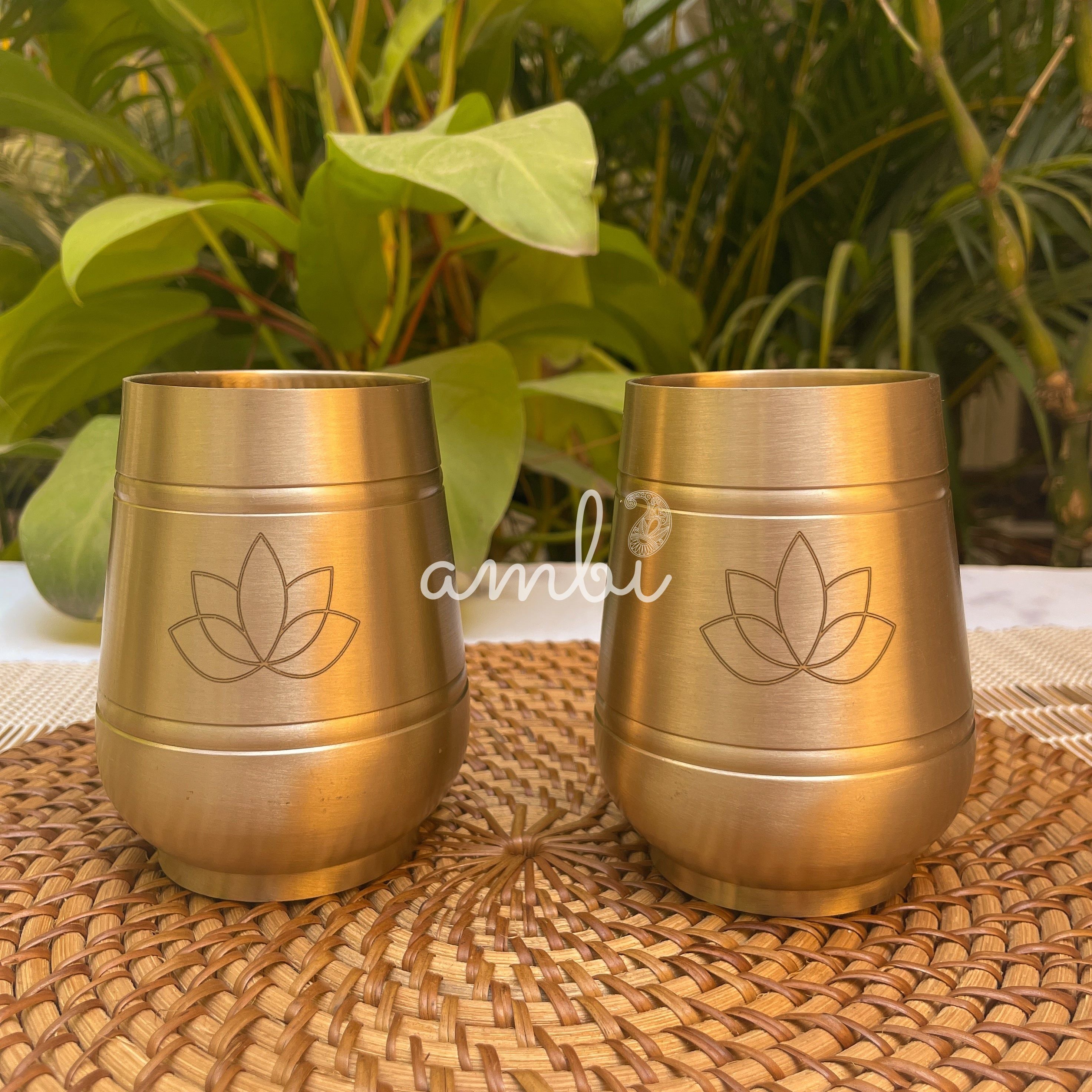 AMBI Pure 100% Lead Free Kansa Damru Shaped Water Glass -with Laser Cut Lotus Design - 330 ML
