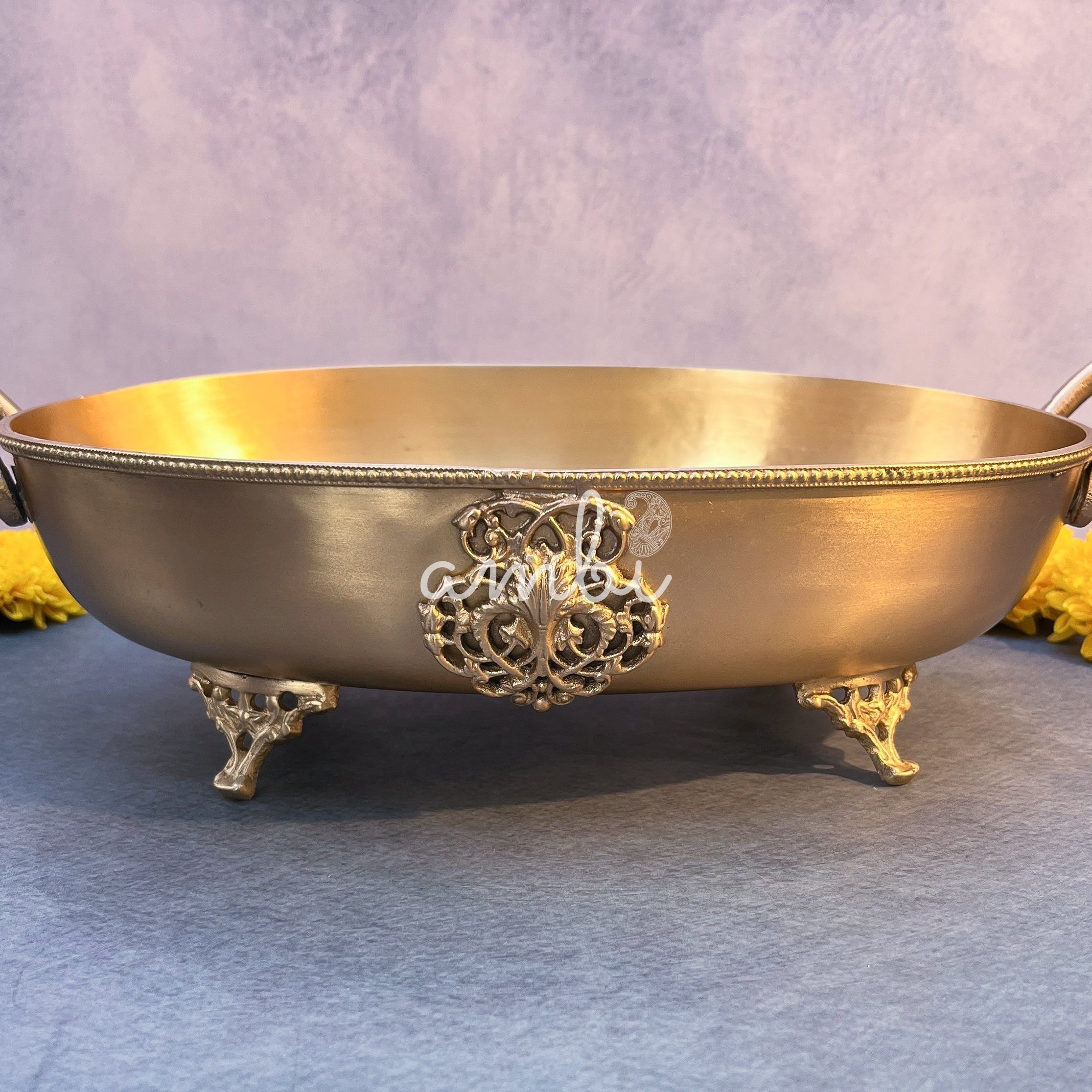 Ambi Lead Free Pure Brass Oval Serving Bowl with Beaded Rim & Ornate Feet