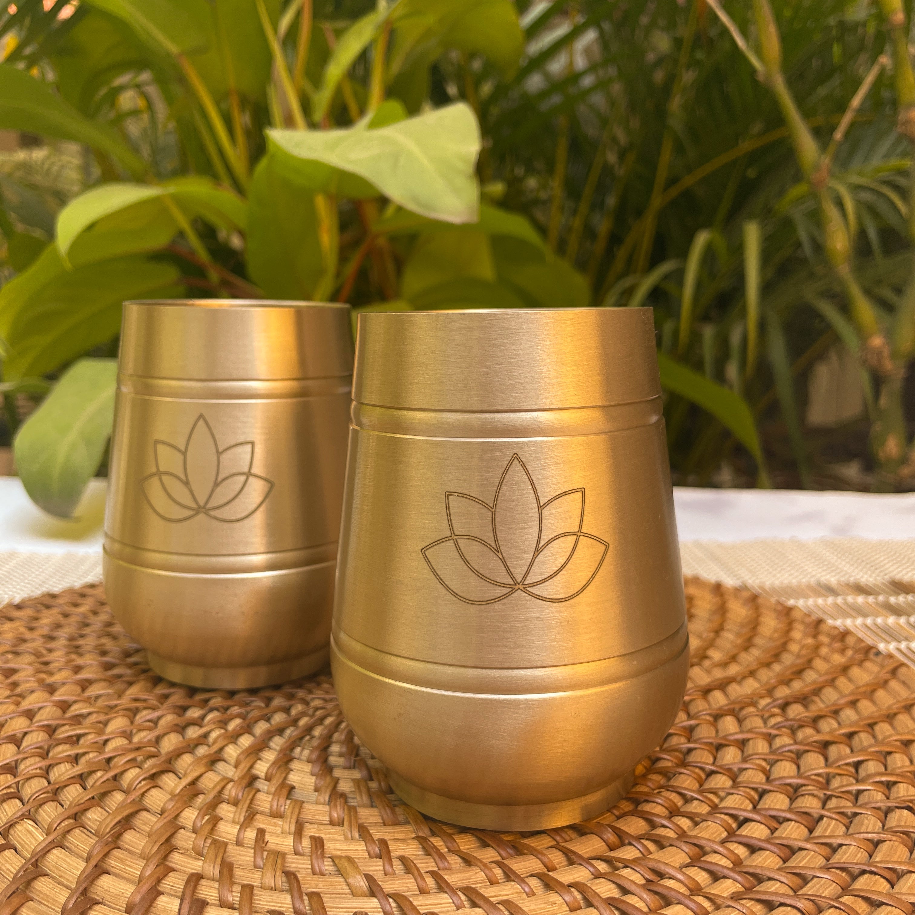 AMBI Pure 100% Lead Free Kansa Damru Shaped Water Glass -with Laser Cut Lotus Design - 330 ML