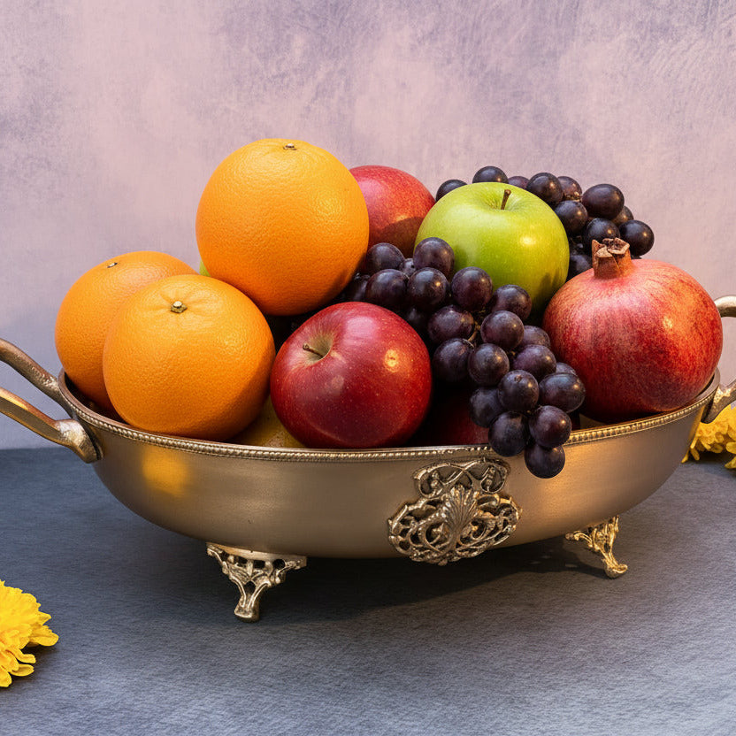 Ambi Lead Free Pure Brass Oval Serving Bowl with Beaded Rim & Ornate Feet