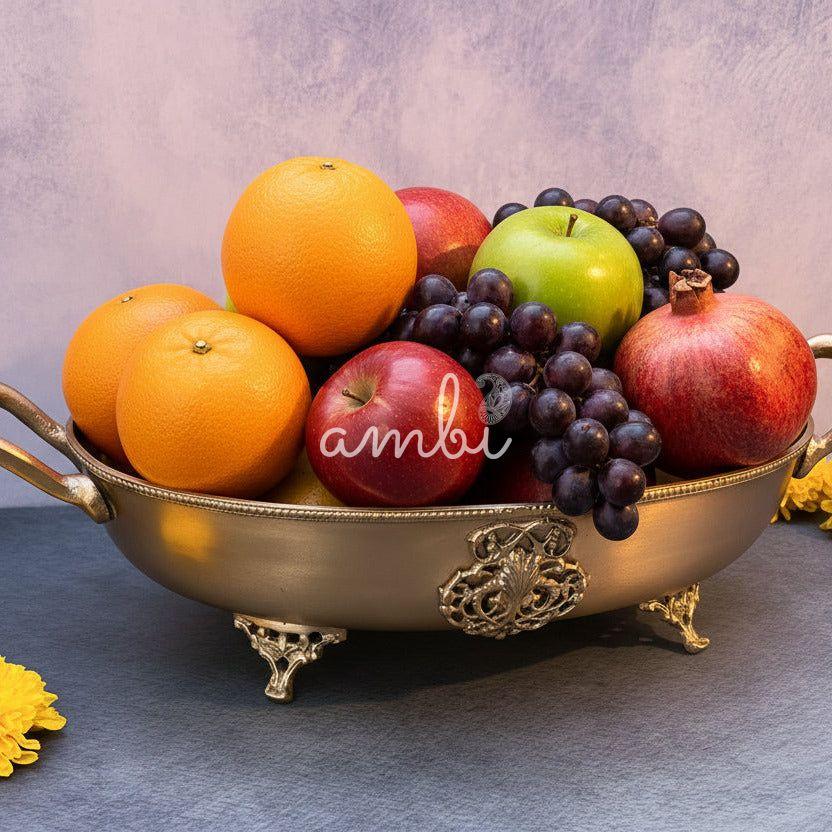 Ambi Lead Free Pure Brass Oval Serving Bowl with Beaded Rim & Ornate Feet